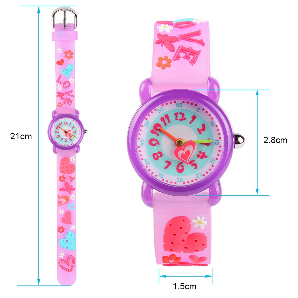 Venhoo Kids Waterproof Digital Watch - Cartoon Silicone Wristwatch for Girls & Boys, Time Teacher Gift with Alarm & LED Light (Purple Heart) - Perfect for School, Swimming & Outdoor Activities