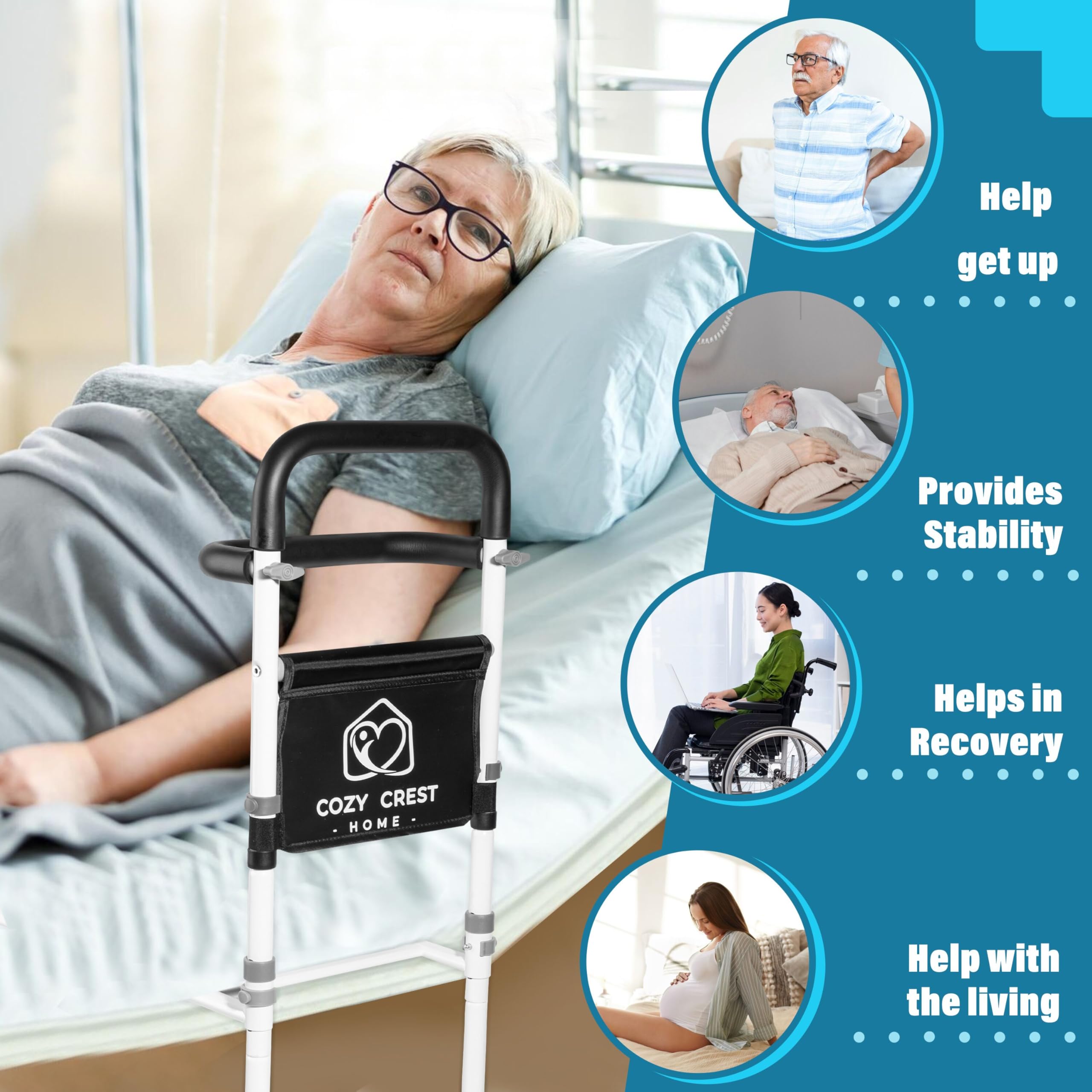 Adjustable Bed Rails for Elderly Adults - Safety Bed Assist Rail with Alarm, Non-Slip Handle & Storage Bag - Supports 300 lbs - Ideal for Home Care, Hospital & Senior Fall Prevention