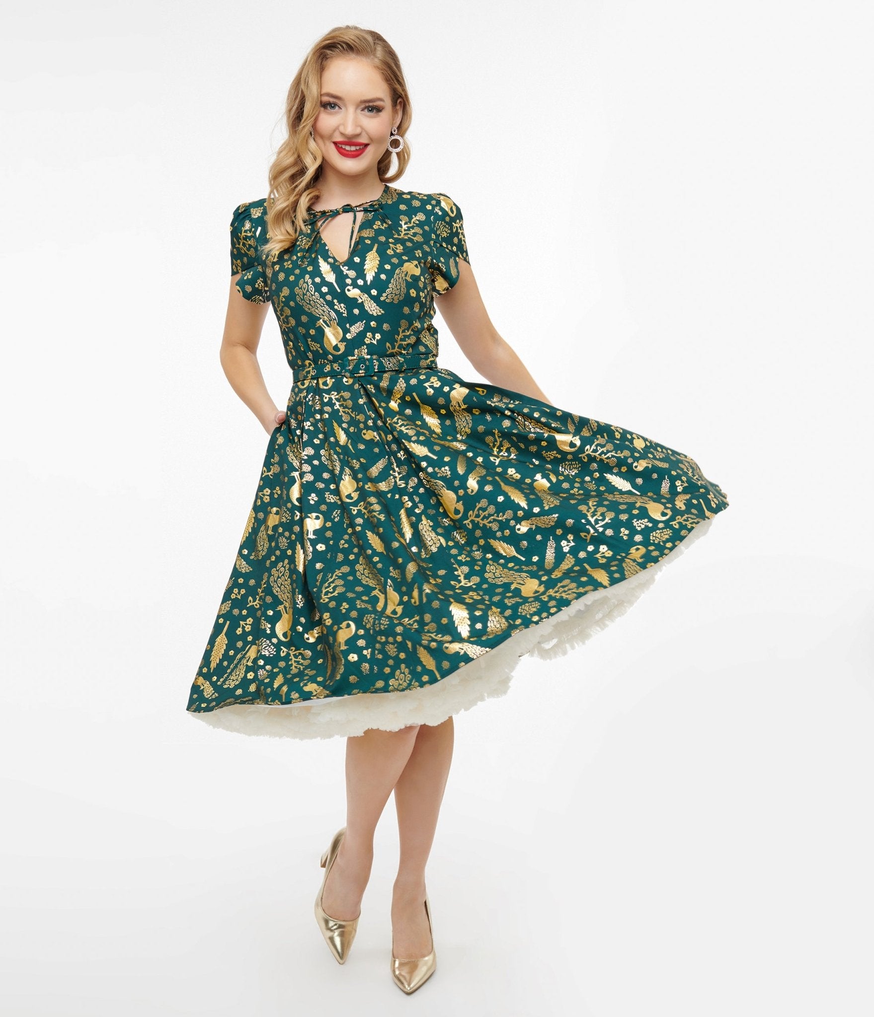 Vintage 1940s Green & Gold Peacock Print Swing Dress - Retro Cocktail Party & Swing Dance Outfit