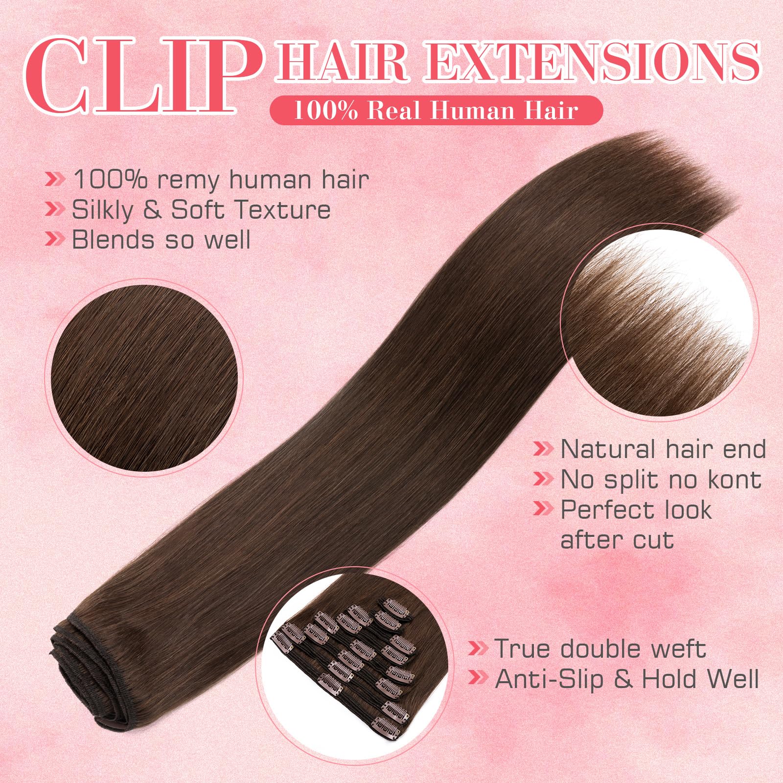 S-noilite 18 Inch Clip in Human Hair Extensions - 8pcs 140g Straight Real Human Hair Double Weft #4 Medium Brown - Perfect for Parties, Weddings & Daily Styling