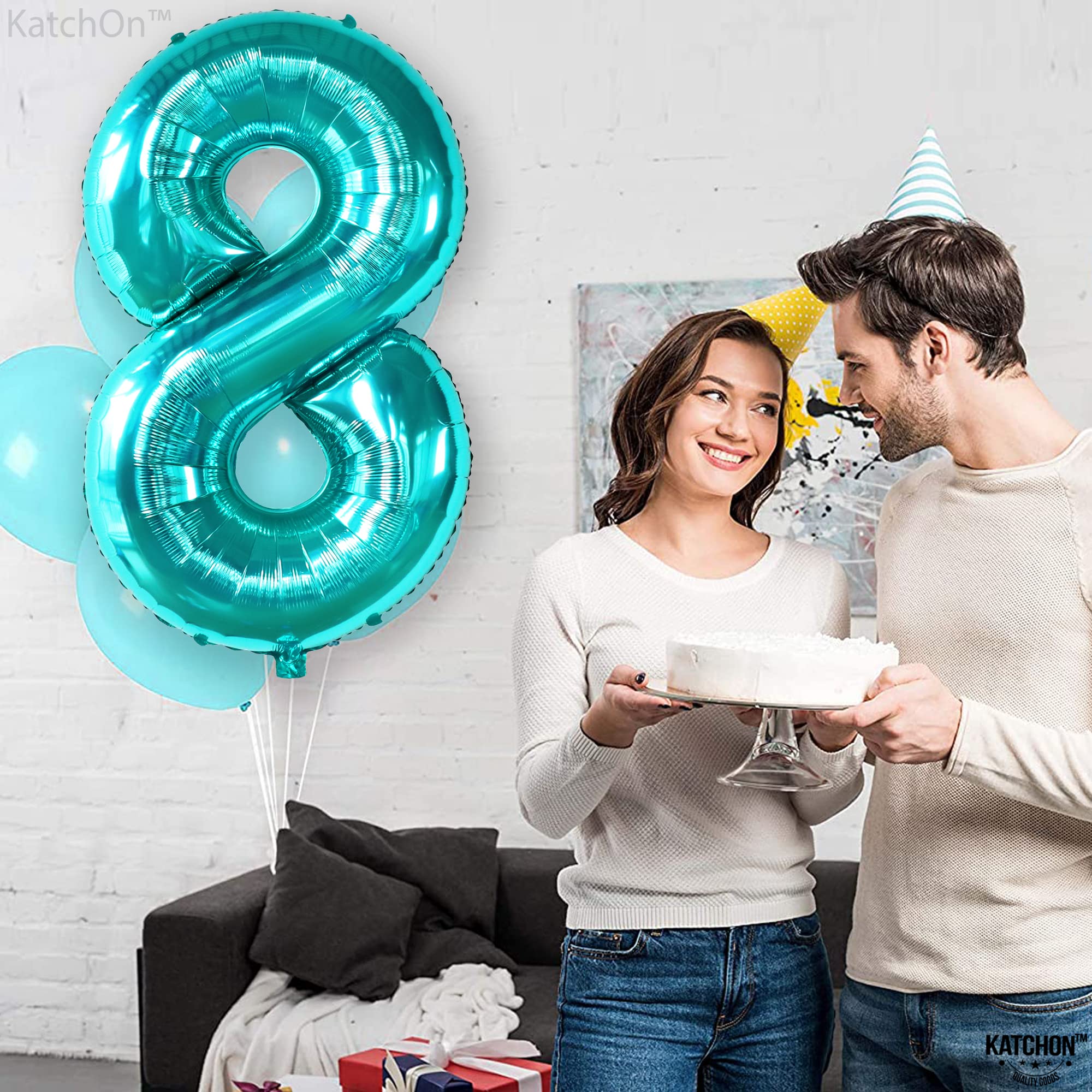 KatchOn 40 Inch Giant Teal Blue Number 8 Balloons - 8th Birthday Party Decorations for Boys & Girls | Large Aqua Blue Balloon for Happy Birthday Party Backdrop, Photo Booth, Cake Table Decoration