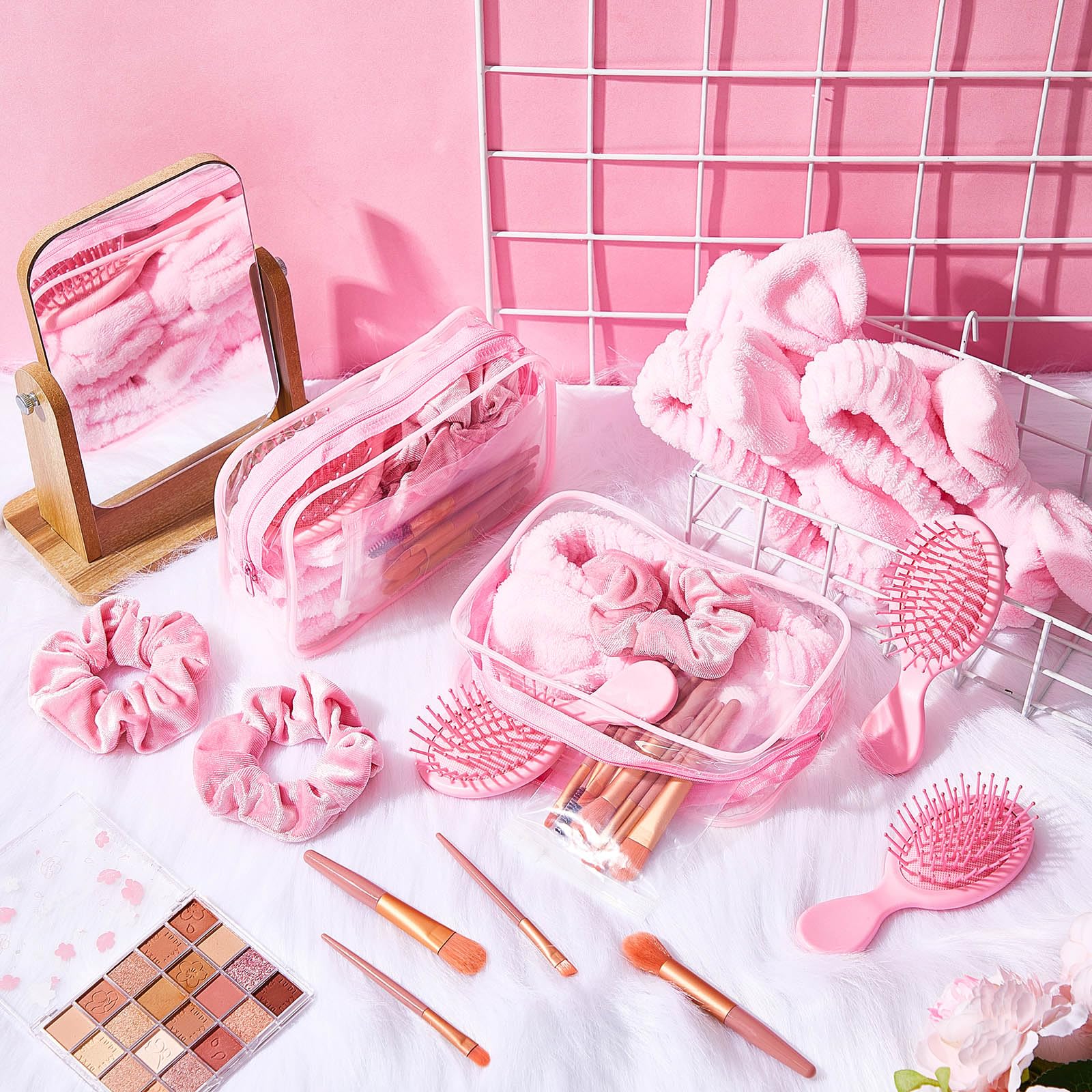 6-Piece Pink Spa Party Favors Set for Women - Travel Makeup Brush Bag, Mini Hair Brushes, Headband & Scrunchies - Perfect for Sleepovers, Bachelorette Parties, Weddings, Bridal Showers & Bridesmaid Gifts - Ideal for Relaxation, Self-Care & Girls' Night In
