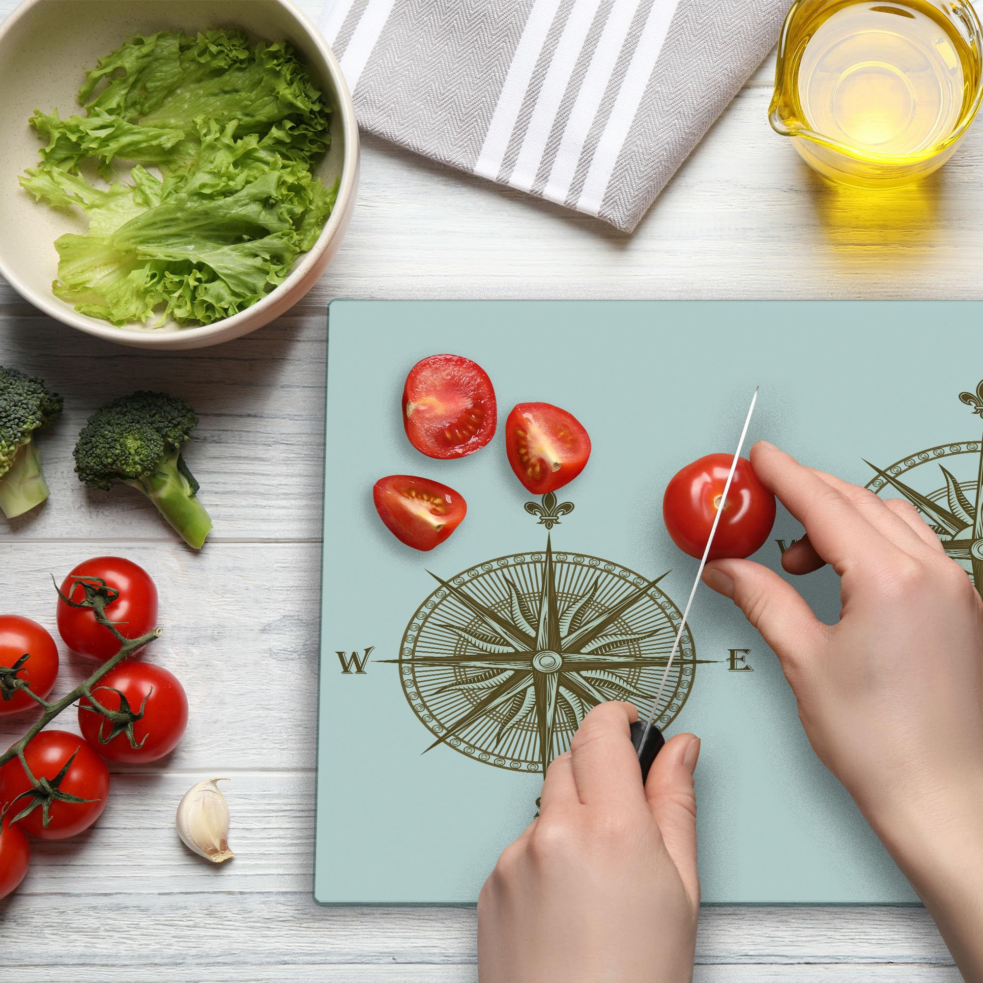 Ambesonne Compass Cutting Board - Windrose Design Travel Journey Theme with Sea Life Marine Discovery Art - Large Tempered Glass Cutting & Serving Board in Pale Brown - Perfect for Kitchen Prep, Charcuterie Display & Coastal Home Decor