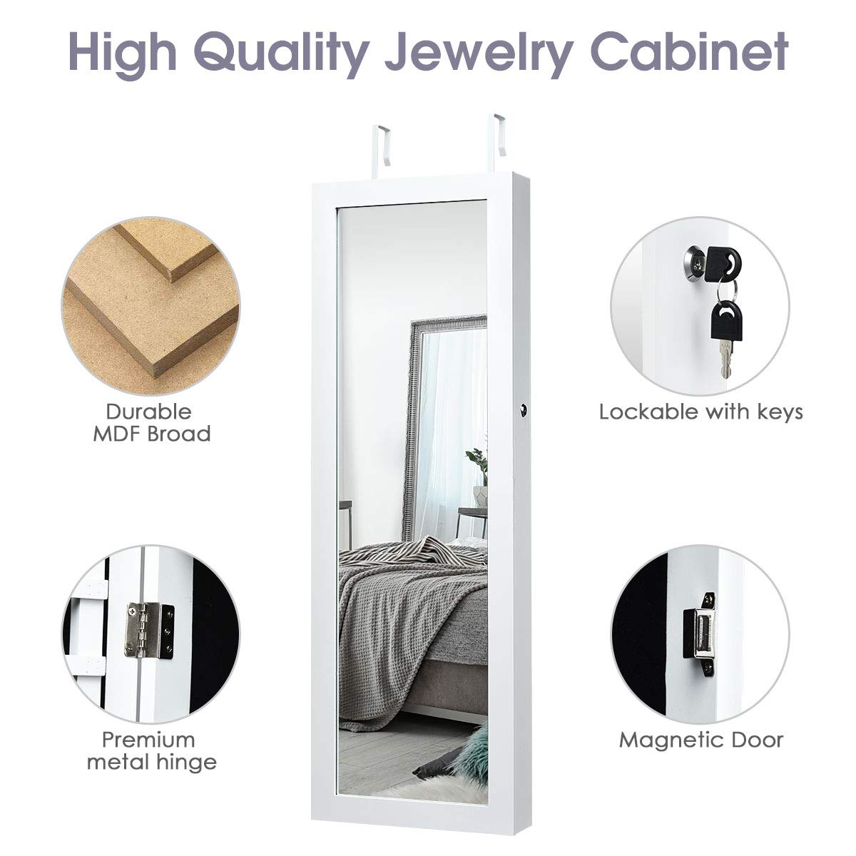 Wall Mounted Jewelry Armoire with LED Lights & Full-Length Mirror - Lockable Jewelry Cabinet Organizer with Drawers for Necklaces, Rings & Makeup Storage - Perfect for Bedroom Closet, Dressing Room & Vanity (White)
