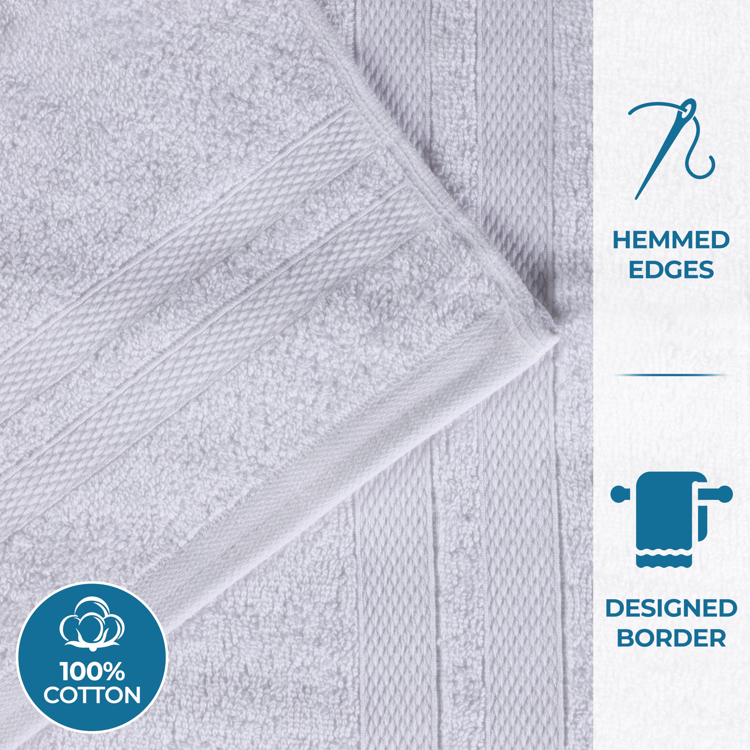BNM Ultra-Soft Cotton Towel Set - 6 Piece Bath & Hand Towels with Washcloths | Quick-Dry, Absorbent & Luxurious | Shower, Spa & Home Essentials | Silver Double Line Dobby Border | Perfect for Bathrooms, Guest Rooms & Gym Use