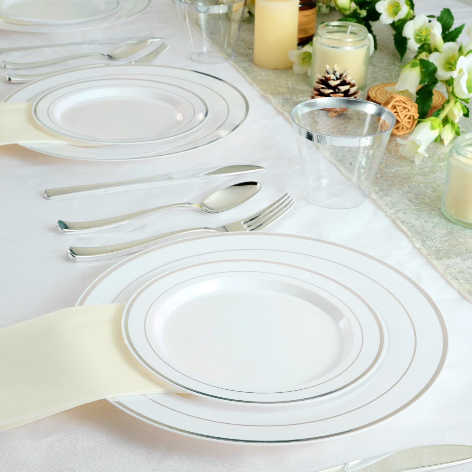 FOCUSLINE 60-Pack Silver Plastic Plates Set - 30 Elegant 10