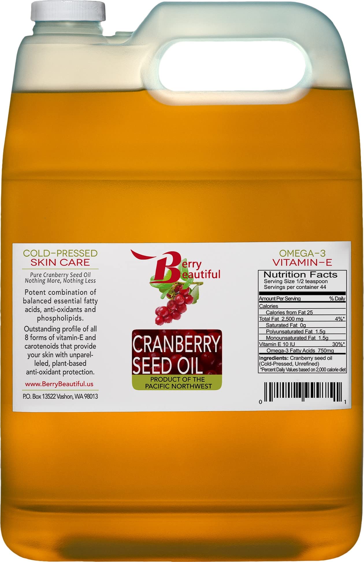 Pure Cold-Pressed Cranberry Seed Oil 1 Gallon - 100% Natural US-Grown - Deep Moisturizer for Face, Body & Hair Care - Perfect for DIY Skincare, Massage & Hair Treatments