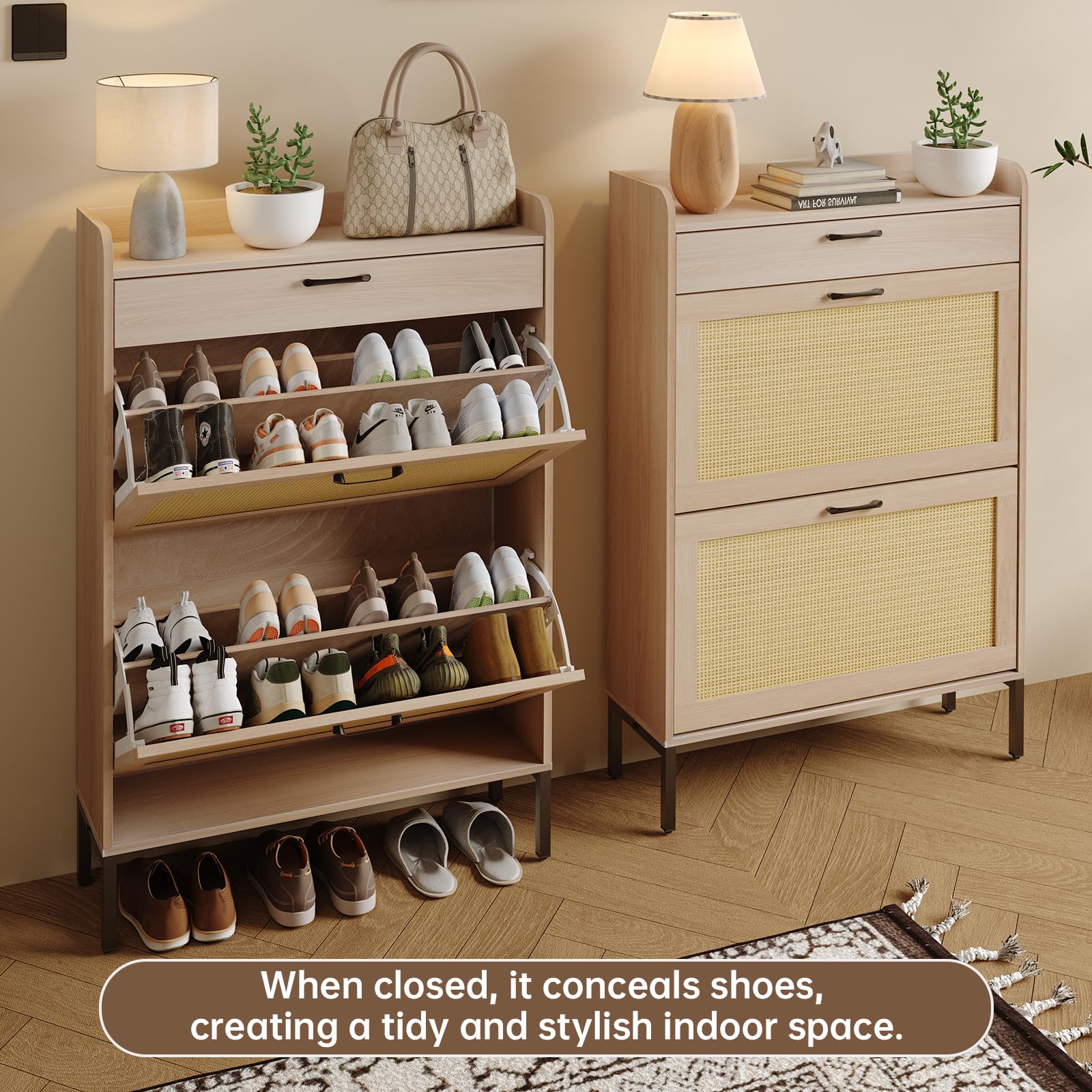 Rattan Shoe Storage Cabinet with 2 Flip Drawers & 1 Drawer - Narrow Freestanding Shoe Organizer for Entryway, Hallway, Living Room & Bedroom - Slim Hidden Shoe Cabinet with Metal Legs - Perfect for Small Spaces & Clutter-Free Home Organization