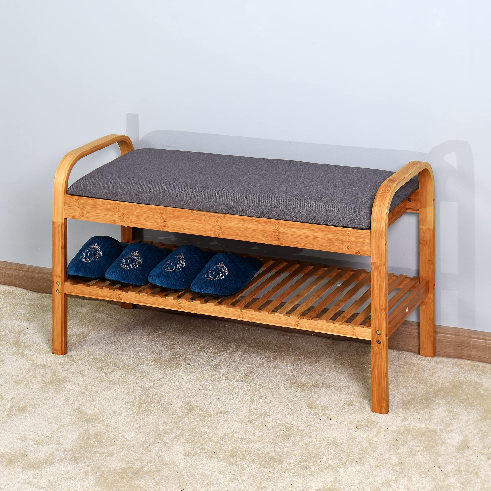 HomVent Shoe Bench with Storage - Small Entryway Bench Seat, Bamboo Shoe Rack & Stool with Cushion for Hallway, Living Room, Bedroom - Perfect for Organizing Shoes & Adding Seating Space