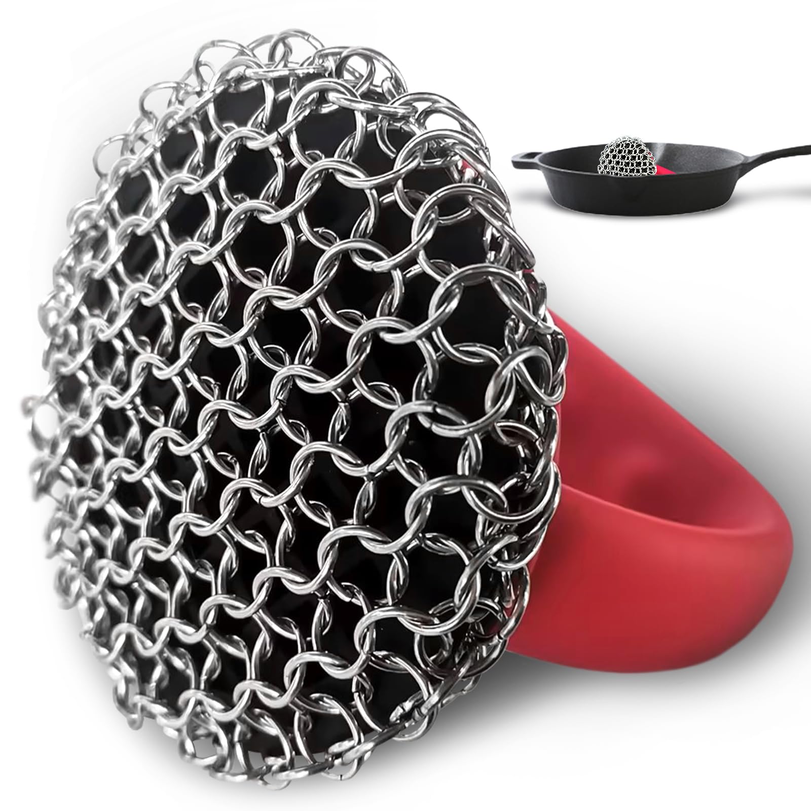 316L Stainless Steel Chainmail Scrubber with Ergonomic Handle - Heavy Duty Cast Iron Pan Cleaner for Skillets, Griddles & Dutch Ovens - Perfect for Removing Stubborn Food Residue & Seasoning Cast Iron Cookware