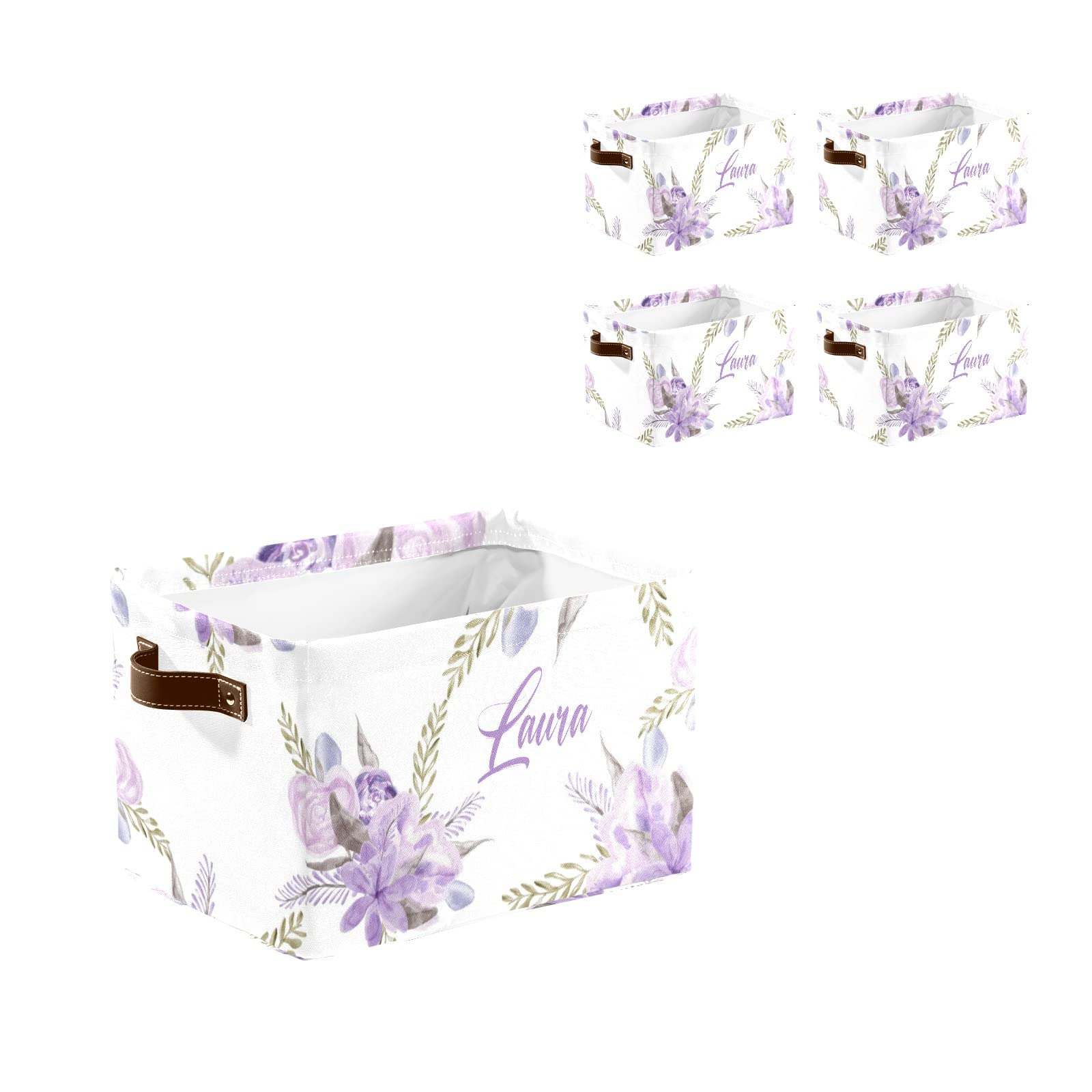 Personalized Custom Name Storage Baskets - Purple Flower Design, 4-Pack with Handles | Perfect for Home Organization, Dog Toy Storage & Family Cloth Bins | Great for Bedroom, Nursery & Laundry Room