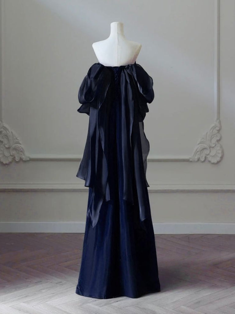 Elegant Navy Blue Off-The-Shoulder A-Line Prom Dress for Formal Evening Events - Perfect for Homecoming, Ball Gowns & Special Occasions - Style J6781