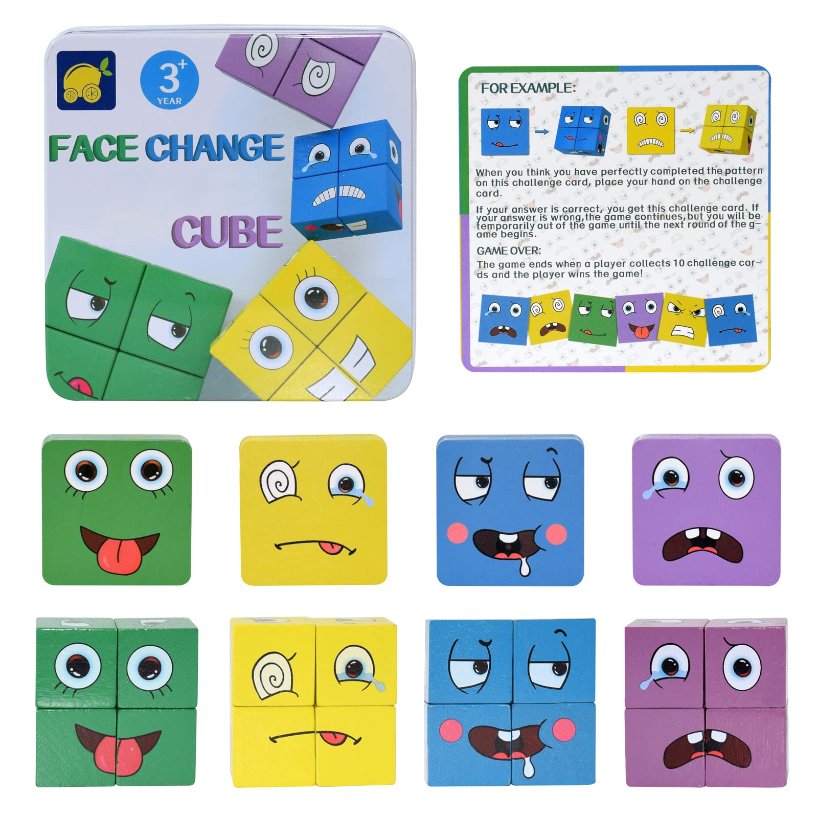 GGbell Wooden Face Changing Cube Game for Kids 3-5 - Preschool Learning Toys for Emotional Development