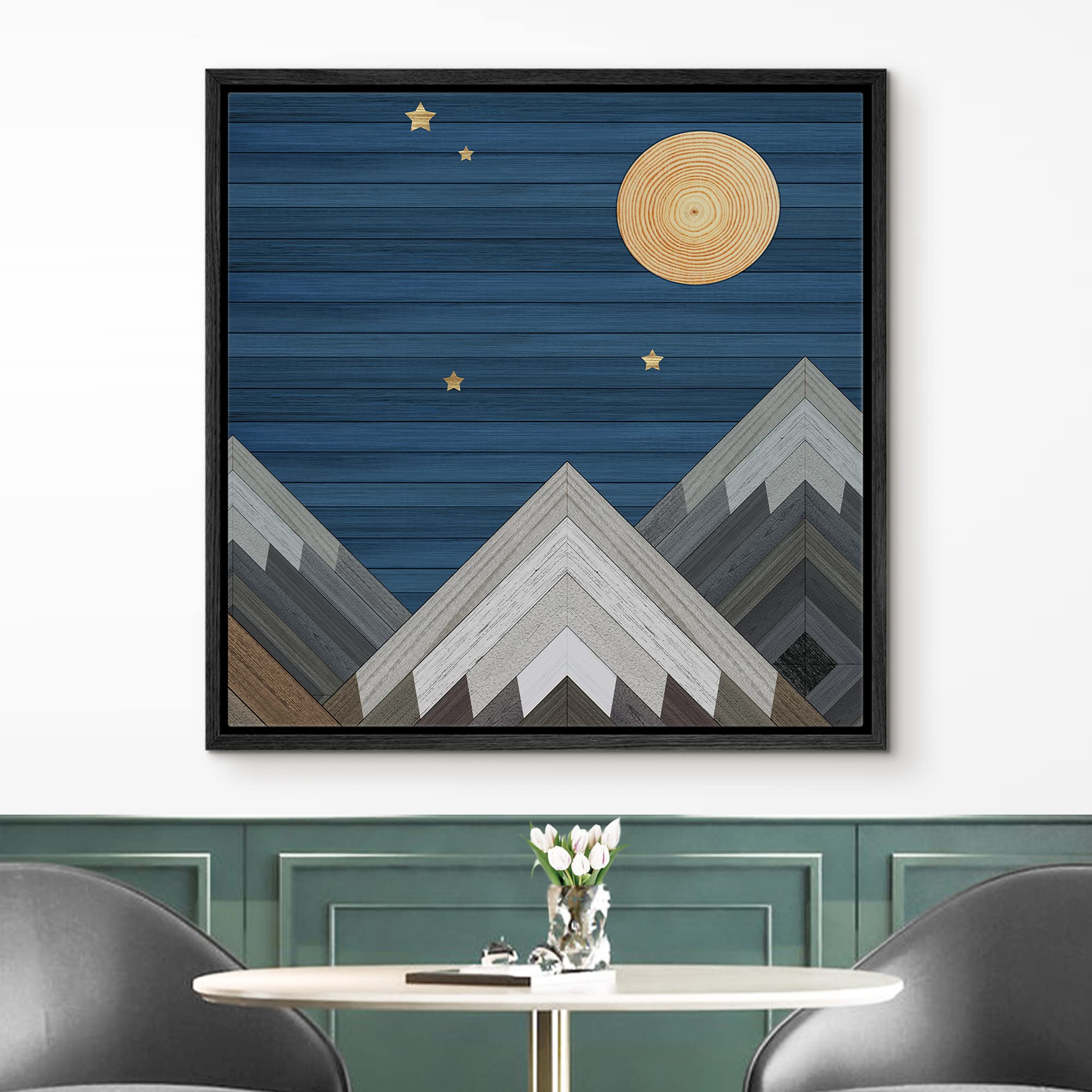 IDEA4WALL Framed Canvas Print - Western Decor Wood Block Night Moon Sky Mountain Range Nature Wilderness Art - Modern Decorative Wall Art for Living Room, Bedroom, Office - 16