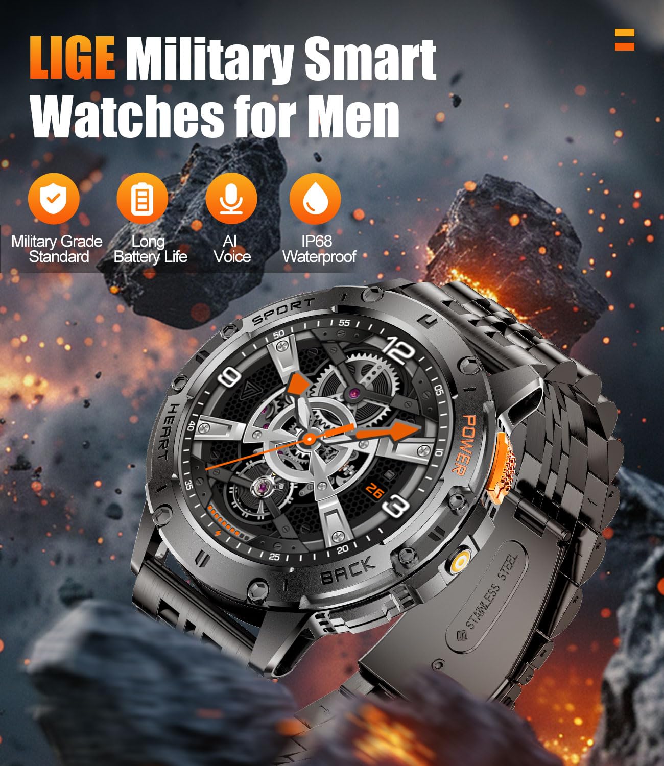 EF5 Smart Watch for Men with 2 Magnetic Charger Cables - Fitness Tracker, Heart Rate Monitor & Waterproof Activity Watch for Running, Workouts & Daily Use
