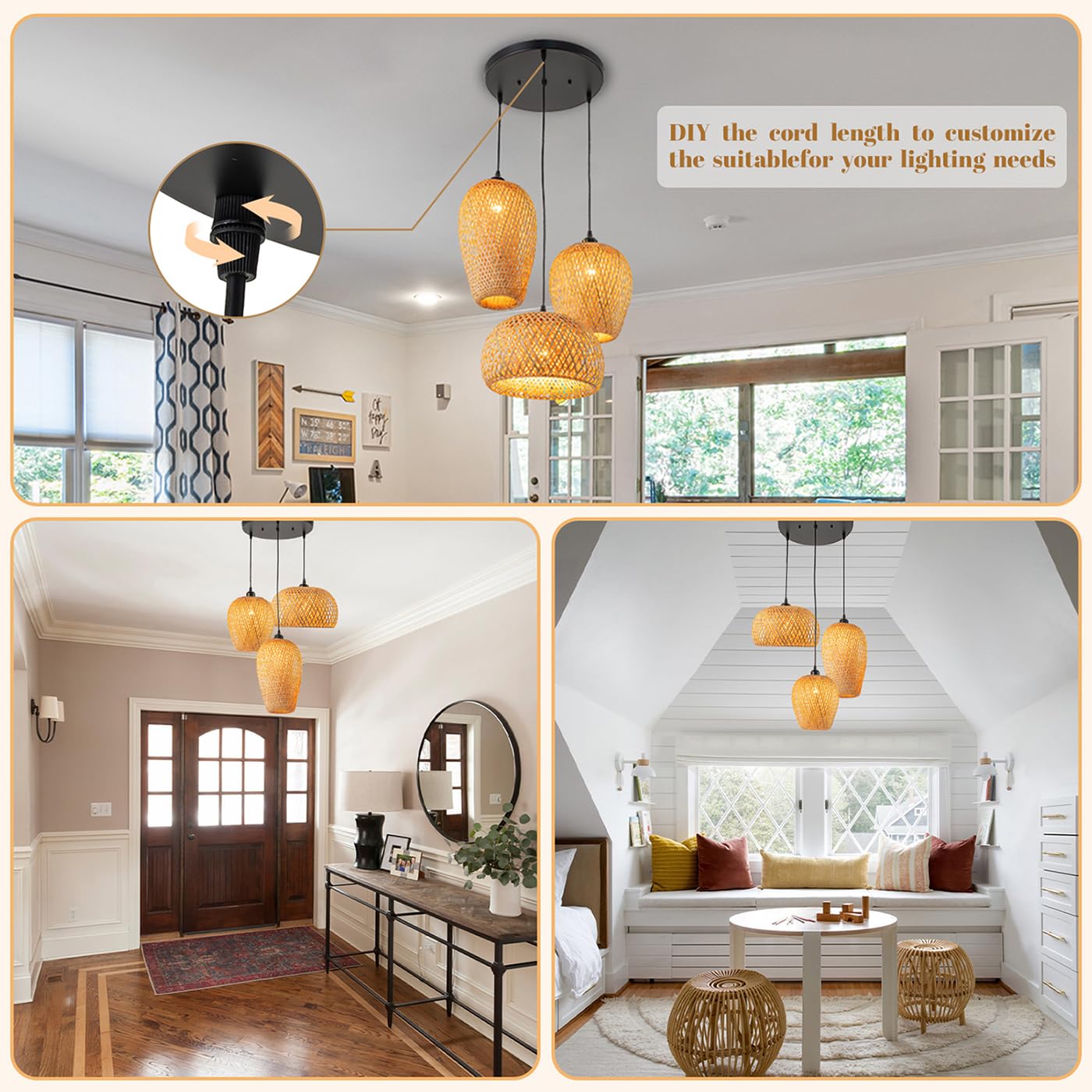 Boho Rattan Pendant Light Fixture - 3-Light Woven Bamboo Chandelier with Wicker Shade for Dining Room, Living Room & Kitchen | Natural Woven Basket Ceiling Light for Farmhouse, Beach House & Boho Decor