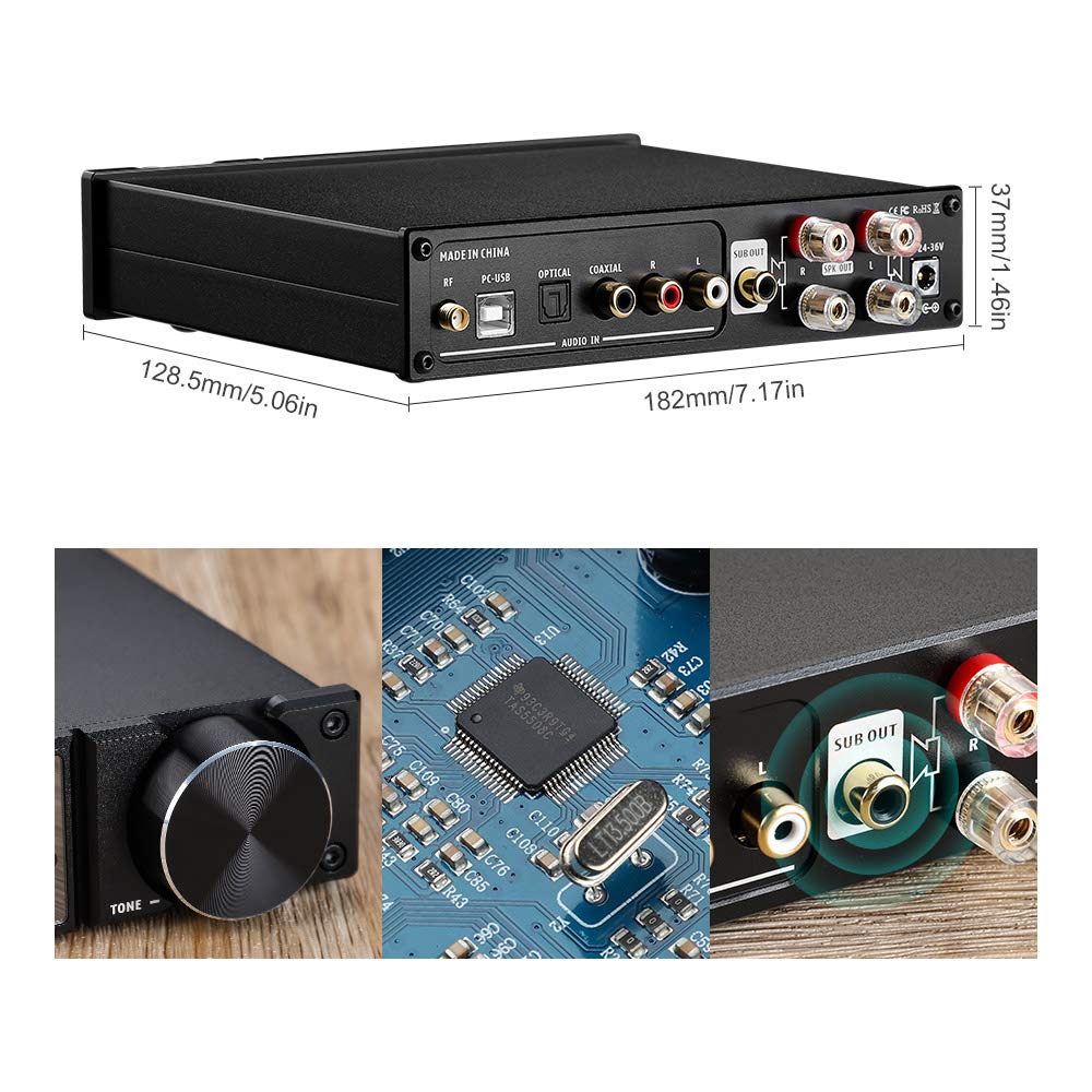 AIYIMA D05 Bluetooth 5.0 Stereo Amplifier 120Wx2 HiFi 2.1 Channel Digital Audio Power Amp with USB DAC, Coaxial, Optical Inputs, 24Bit/192kHz Class D, OLED Display, AptX HD - Supports Subwoofer & Includes Remote Control - Perfect for Home Theater, Music Studio, and Audiophile Sound Systems