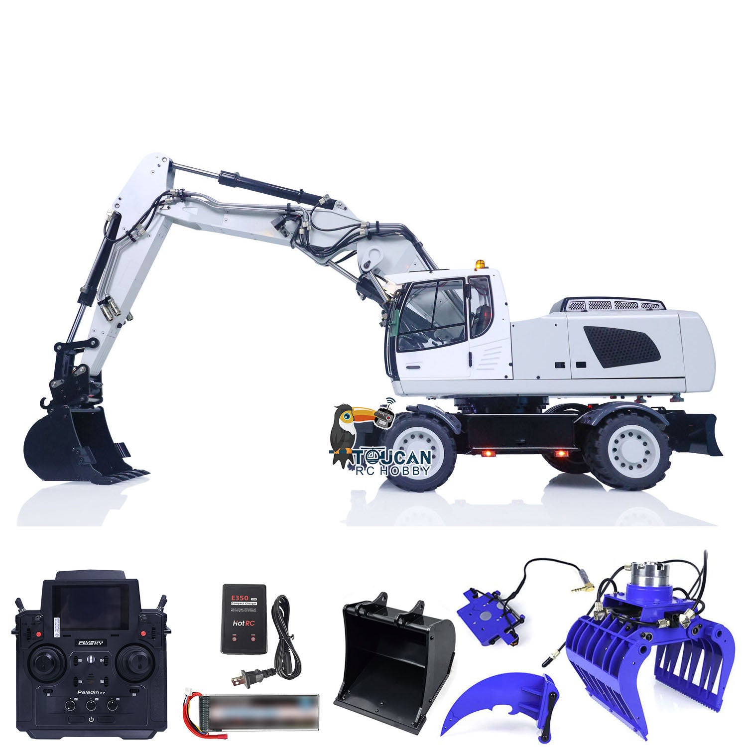1/14 Scale 3-Arm RC Hydraulic Excavator R946 - Metal Wheeled Remote Control Digger Toy with Grab Ripper & Tiltable Clamshell Bucket | Construction Model for Adults & Kids | Perfect for Sandbox Play, Backyard Digging & Hobby Collecting