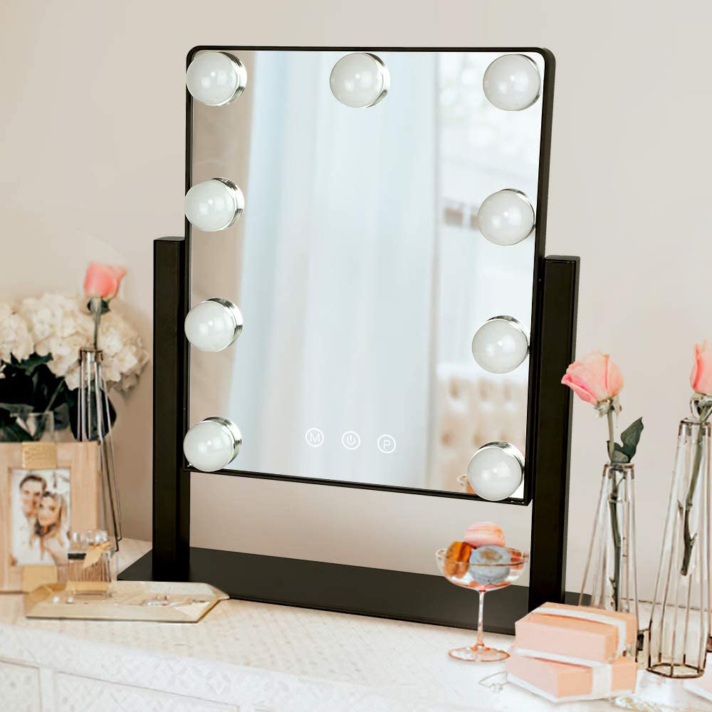 Hollywood Vanity Mirror with LED Lights - 14x12 Inch Makeup Mirror with 9 Dimmable Bulbs, Touch Control, 3 Lighting Modes, 10X Magnification & 360° Rotation - Perfect for Makeup, Skincare & Hairstyling (Black, 35x30 cm)