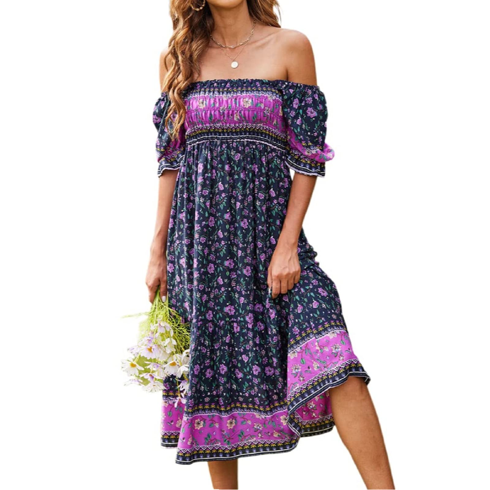 Bohemian Floral Maxi Dress for Women - V Neck Puff Sleeve Tiered Long Sundress | Casual Summer Swing Dress for Beach, Vacation & Outdoor Parties