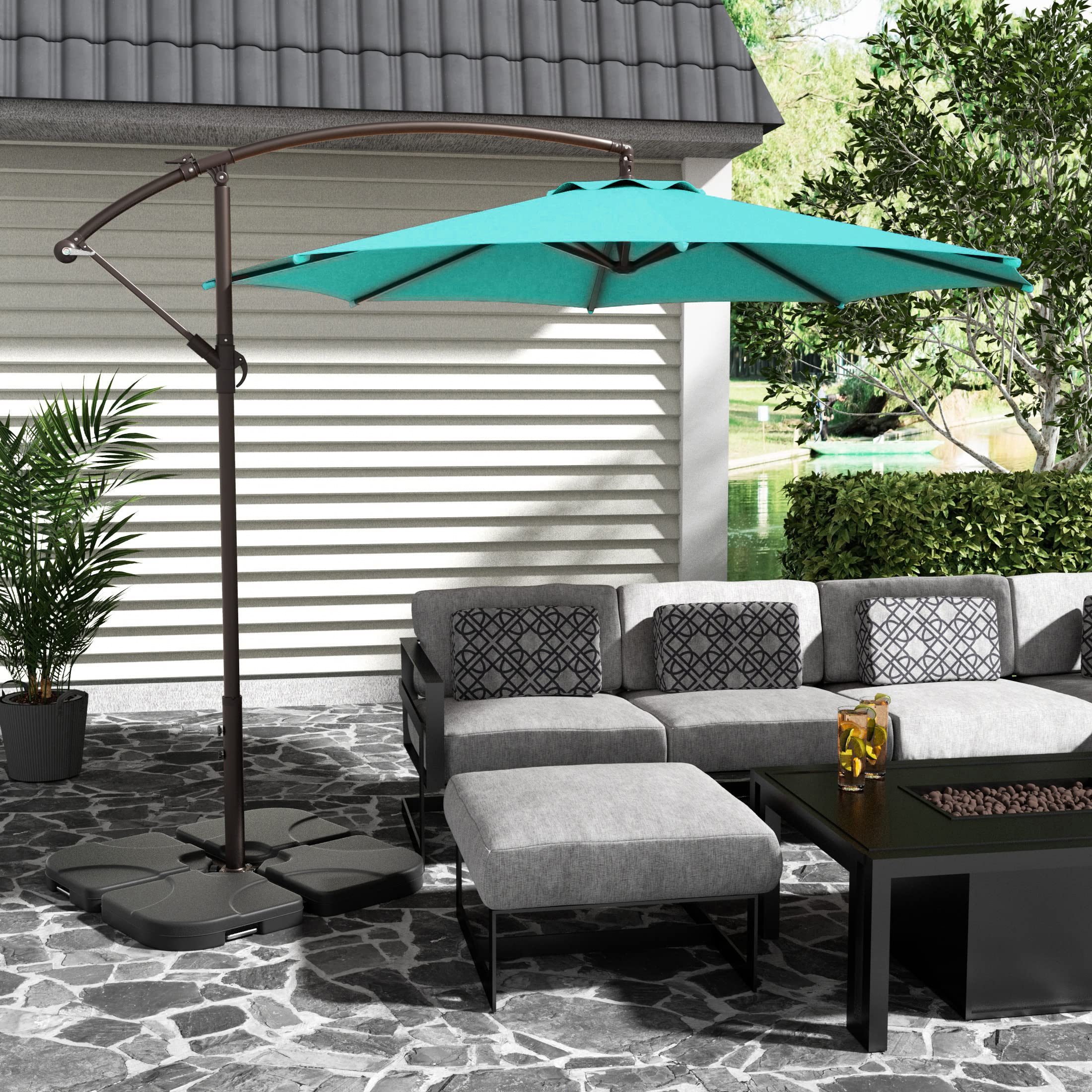 10ft Outdoor Patio Cantilever Umbrella with Stand & Weighted Base - 3-Piece Hanging Shade Kit for Garden, Poolside, and Backyard Relaxation