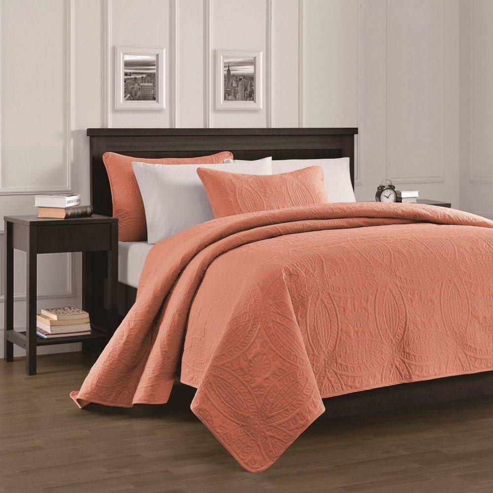 TRP 3-Piece King Size Bedspread Set - Traditional Orange Floral Design with Coin Medallion Pattern, Ultra Soft Quilted Bedding for Master Bedroom, Durable & Lightweight Embossed Coverlet for All Seasons | Perfect for Guest Rooms, Hotels, and Cozy Home Decor