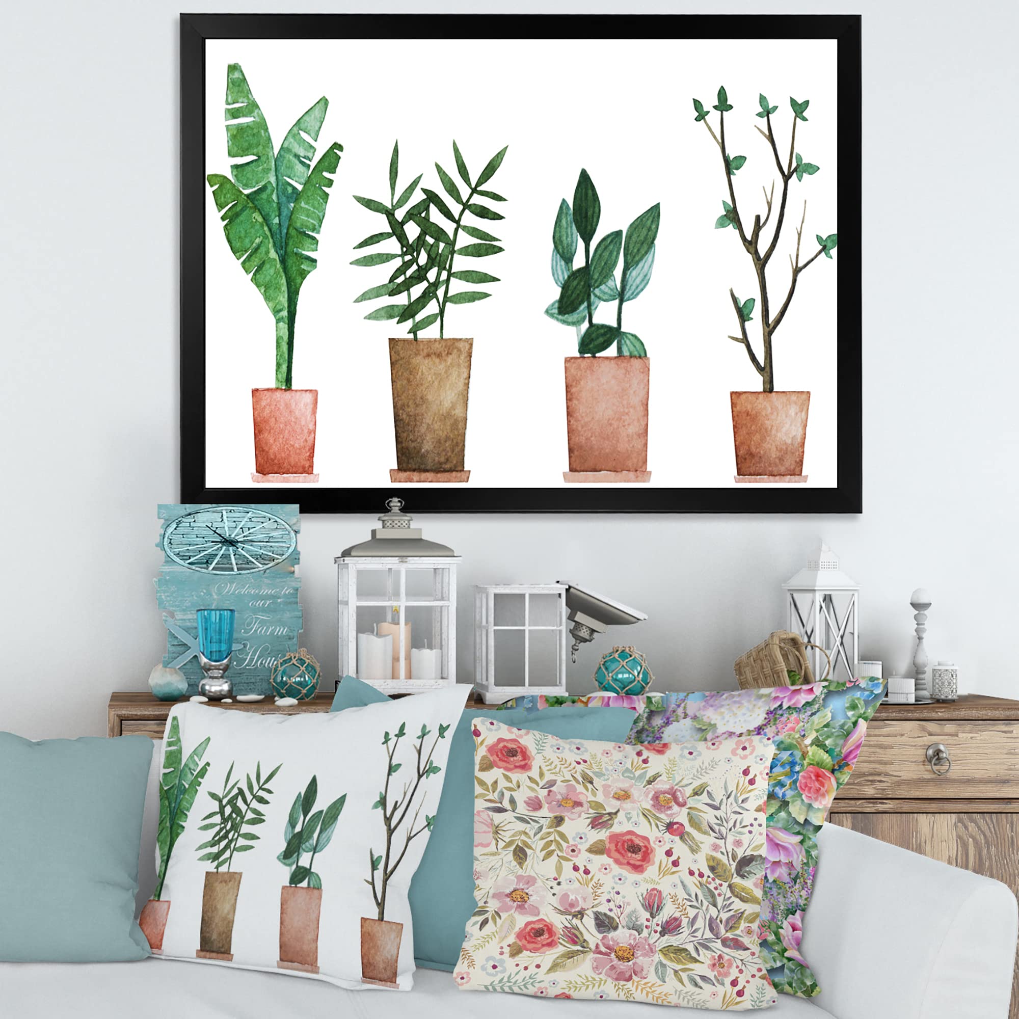 DesignQ Duo of Potted Flowers House Plants - Farmhouse Style Framed Wall Art Decor for Living Room, Bedroom & Office