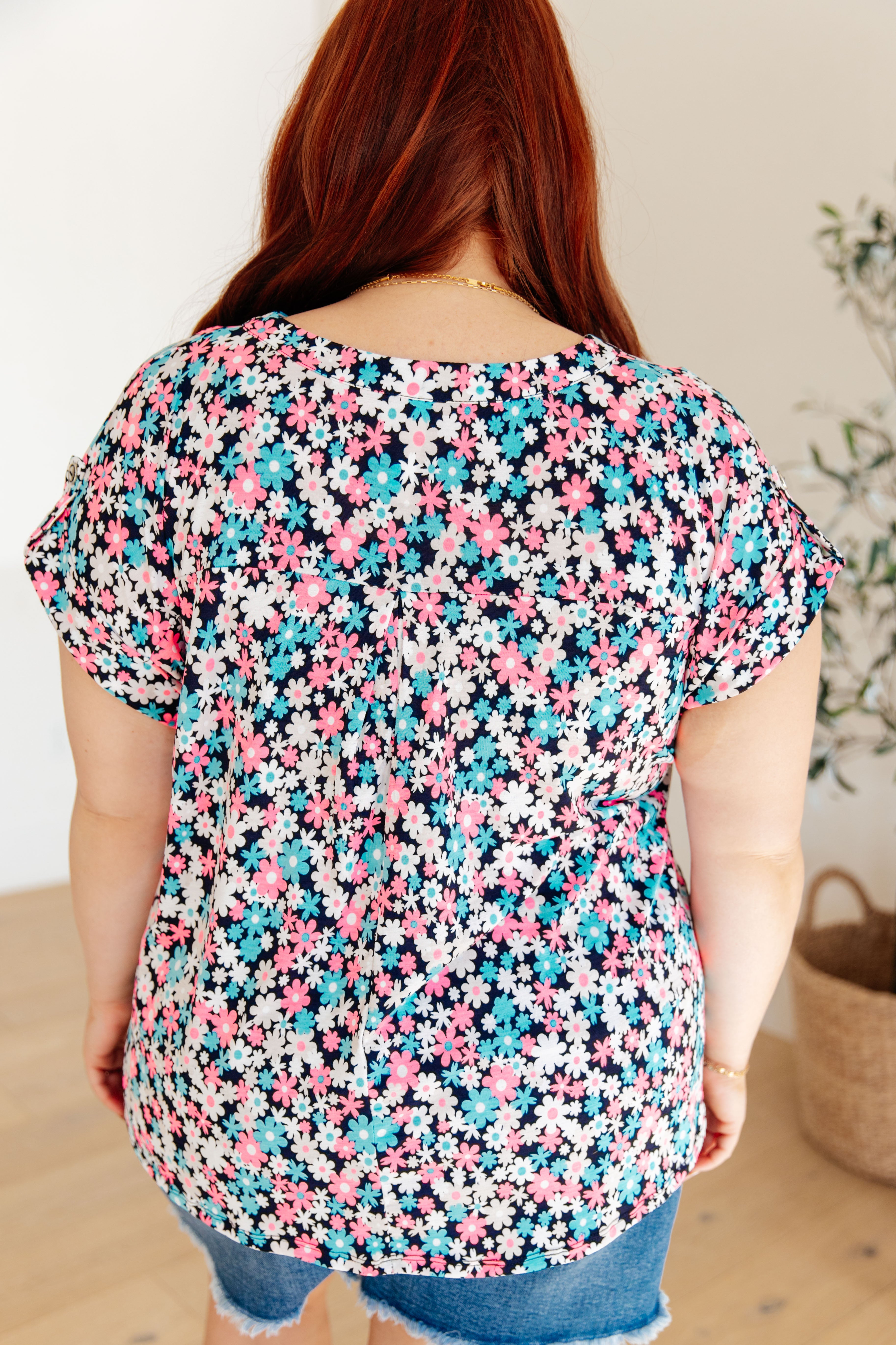 Lizzy Cap Sleeve Top - Navy & Hot Pink Floral Print Women's Blouse for Casual Wear, Date Night & Summer Outfits