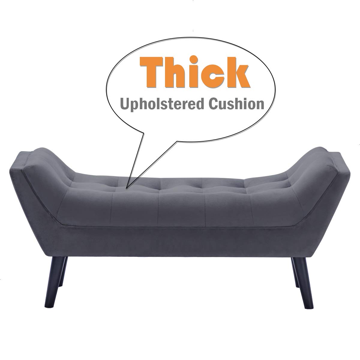 Alunaune Velvet Tufted Ottoman Bed Bench - Dark Gray Upholstered Storage Footstool with Wood Legs, 2-Seater for Bedroom, Entryway & Living Room | Perfect End of Bed Bench, Hallway Seating & Cozy Footrest