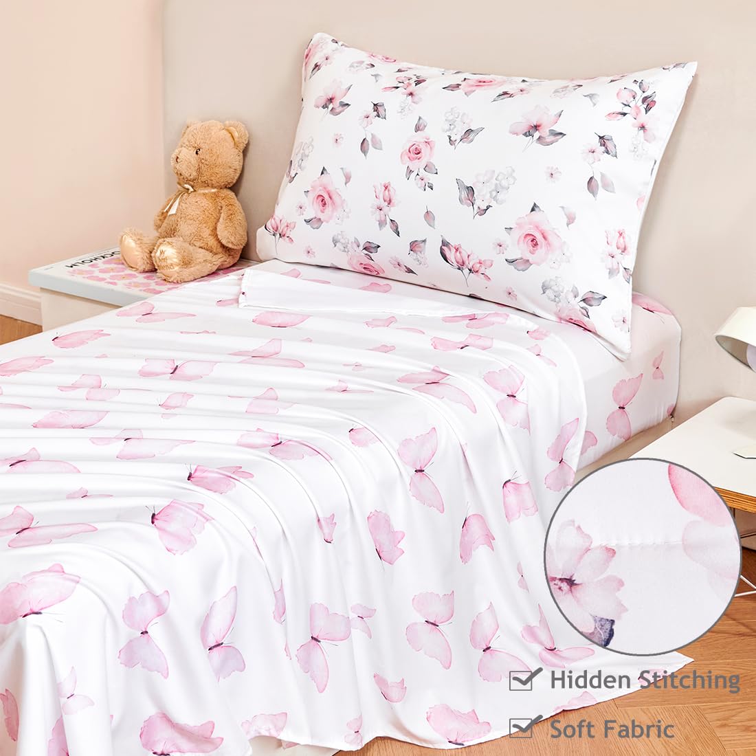 PERFEMET Floral Toddler Bedding 4-Piece Set - Pink Flower Girls Reversible Butterfly Comforter, Fitted Sheet, Flat Sheet & Pillowcase - Soft Nursery Crib Bedding for Baby & Toddler Rooms - Perfect for Girls' Bedrooms, Daycare & Gift Giving