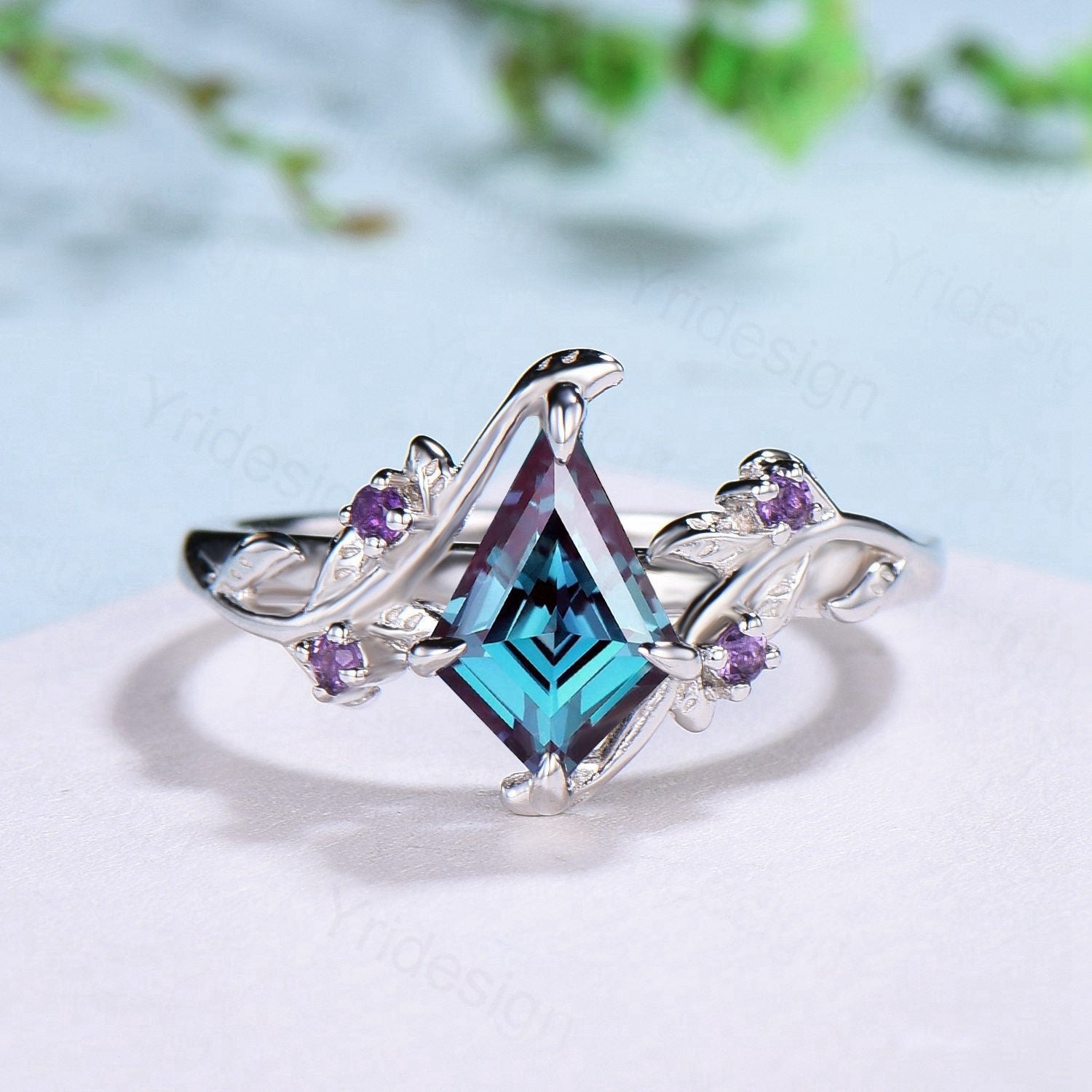 Nature Inspired Alexandrite Kite Engagement Ring Set with Twig Cluster & Amethyst Wedding Band | Vintage Marquise Moonstone Opal Stacking Rings for Women | Perfect for Boho Weddings, Anniversary Gifts & Everyday Jewelry