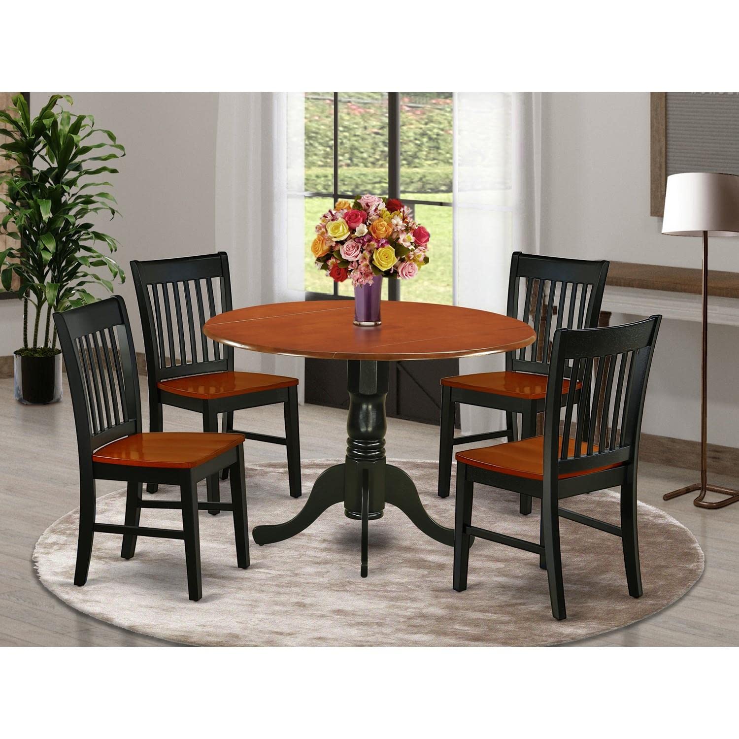 East West Furniture DLNO5-BCH-W 5-Piece Black & Cherry Dining Table Set with Drop-Leaf Round Table and 4 Chairs, 42x42 Inch - Perfect for Small Kitchens, Breakfast Nooks, and Cozy Dining Spaces