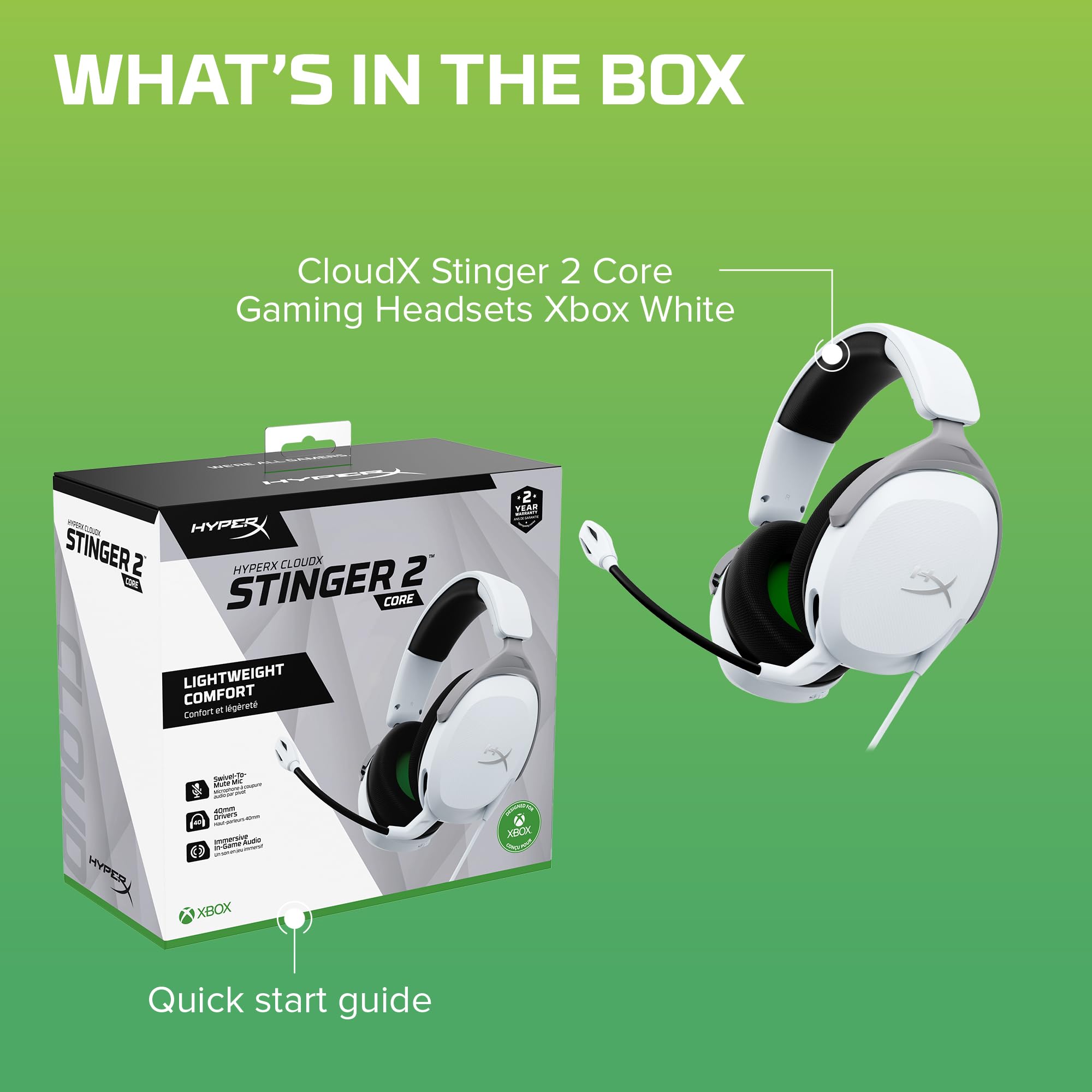 HyperX CloudX Stinger 2 Core - Wireless Gaming Headset for Xbox Series X|S & PC, Lightweight Over-Ear Headphones with Noise-Canceling Mic, Swivel-to-Mute, 40mm Drivers - White - Perfect for Competitive Gaming & Online Chat