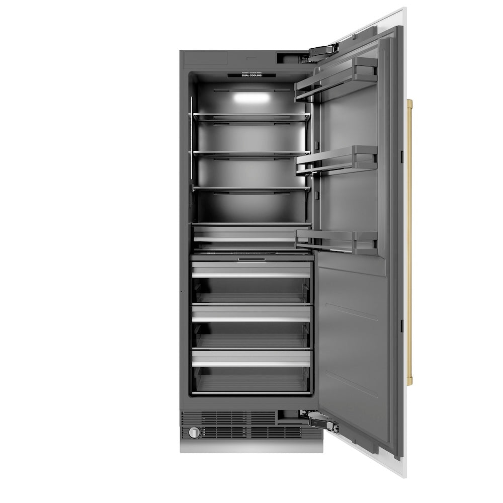 ZLINE Autograph Edition 30-inch 16.7 cu ft Column Refrigerator - White Matte Finish with Graphite Gray Interior & Champagne Bronze Accents (RCRVZ WM 30 CB) | Premium Kitchen Appliance for Modern Homes & Luxury Condos