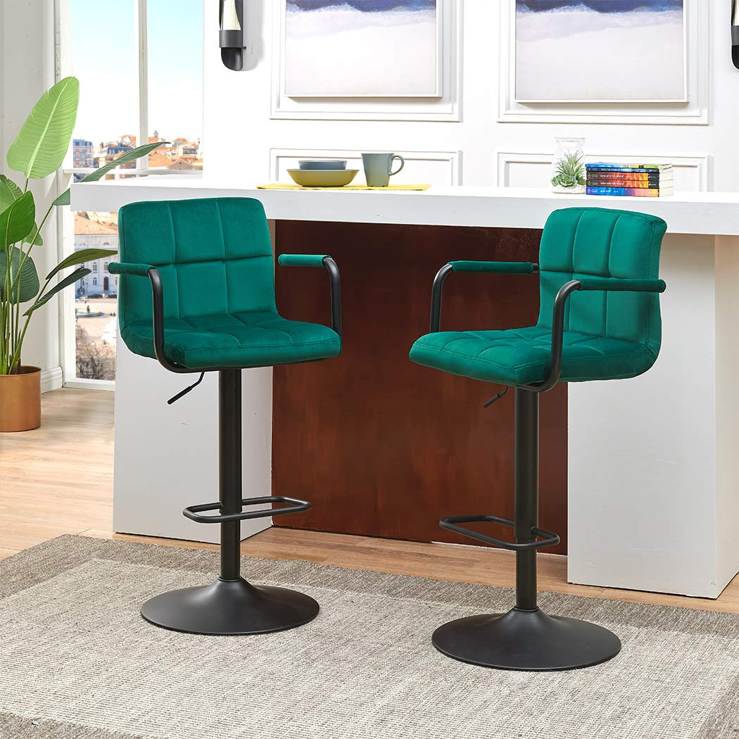 DUHOME Modern Swivel Adjustable Bar Stools Set of 2 - Velvet Upholstered Counter Height Stools with Hydraulic Lift for Home Bar, Kitchen Island & Dining Room - Contemporary Teal Barstools for Restaurant & Cafe Decor