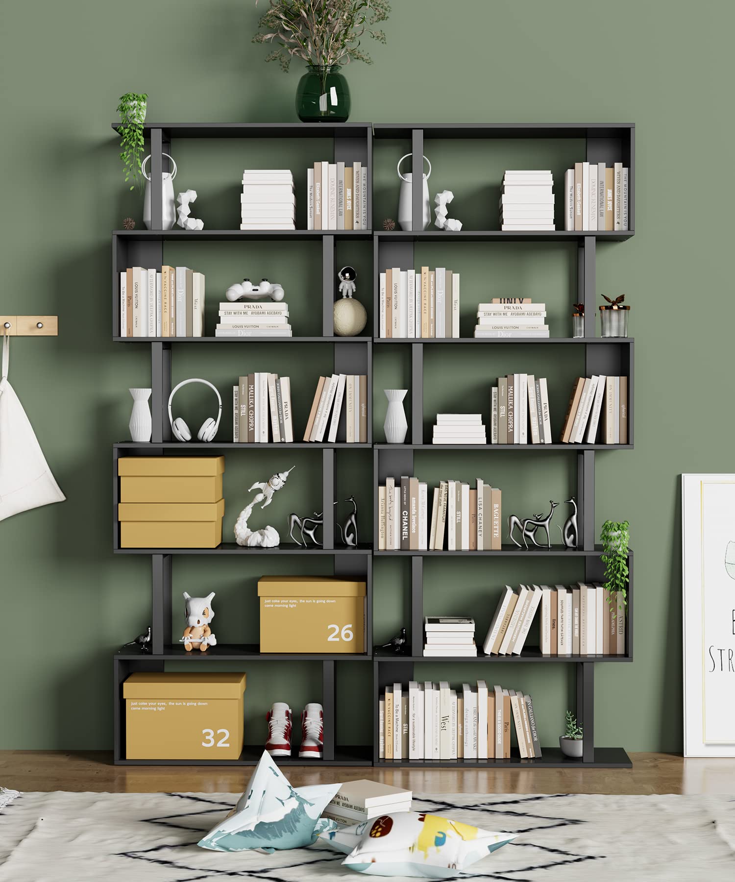 Gadroad 6-Tier Geometric Bookcase - Modern Black Wooden Bookshelf for Bedroom, Living Room & Home Office - Space-Saving Corner Storage Shelf for Books, Decor & Organizing Small Spaces
