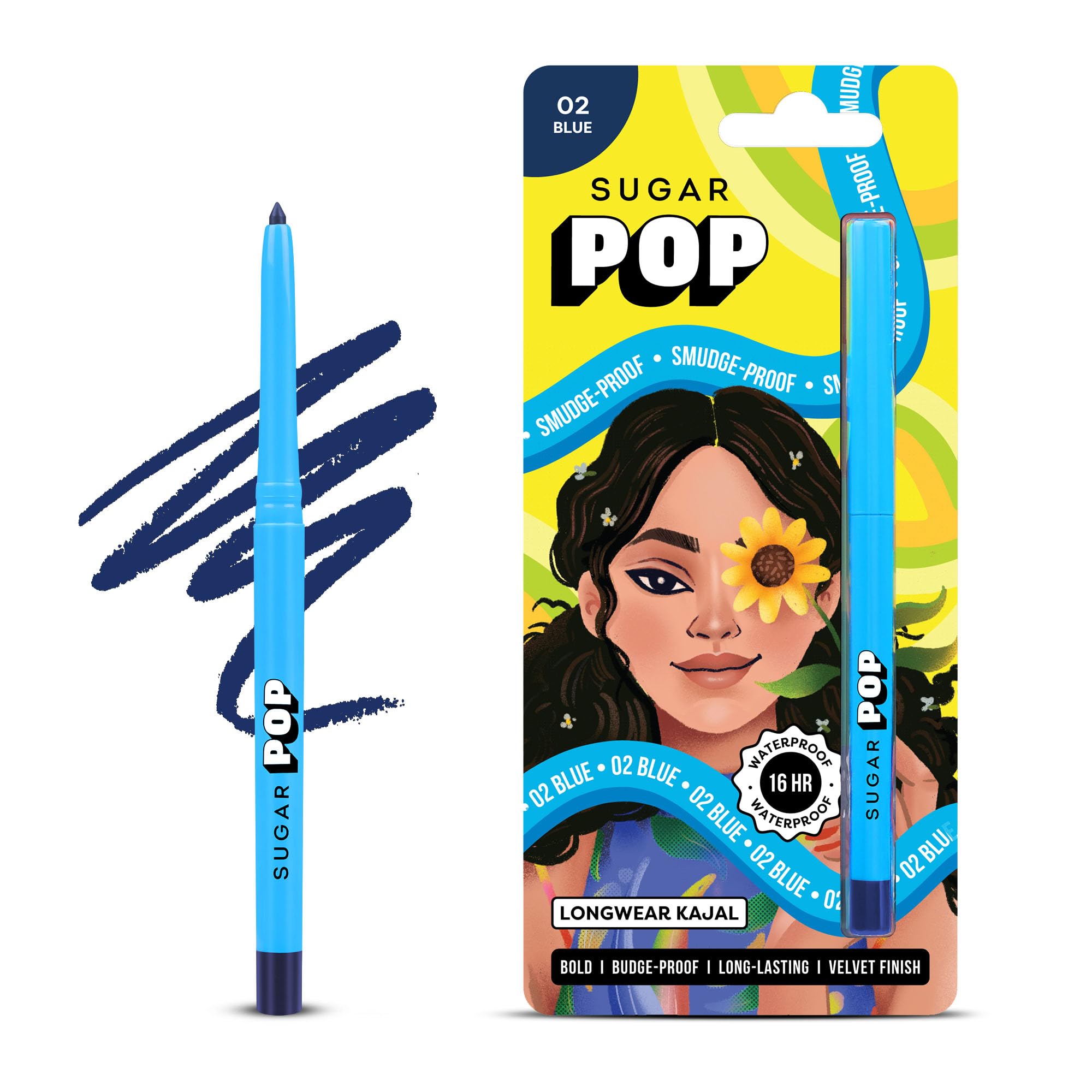SUGAR POP 16-Hour Longwear Kajal Eyeliner - Waterproof, Smudge-Proof & Transfer-Proof | Intense Matte Finish with Sunflower Seed Oil & Vitamin E | Velvet Smooth Application | 0.3g Blue | Perfect for Day-to-Night Makeup, Parties & Special Occasions