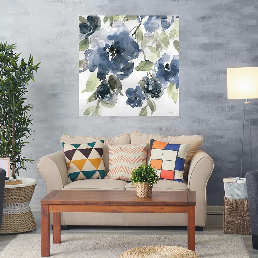 Botanical Wall Art Canvas - Blue Indigo Floral Painting by Carol Robinson | 37x37 Inch Bathroom & Bedroom Decor | Modern Plant-Themed Home Artwork for Living Spaces