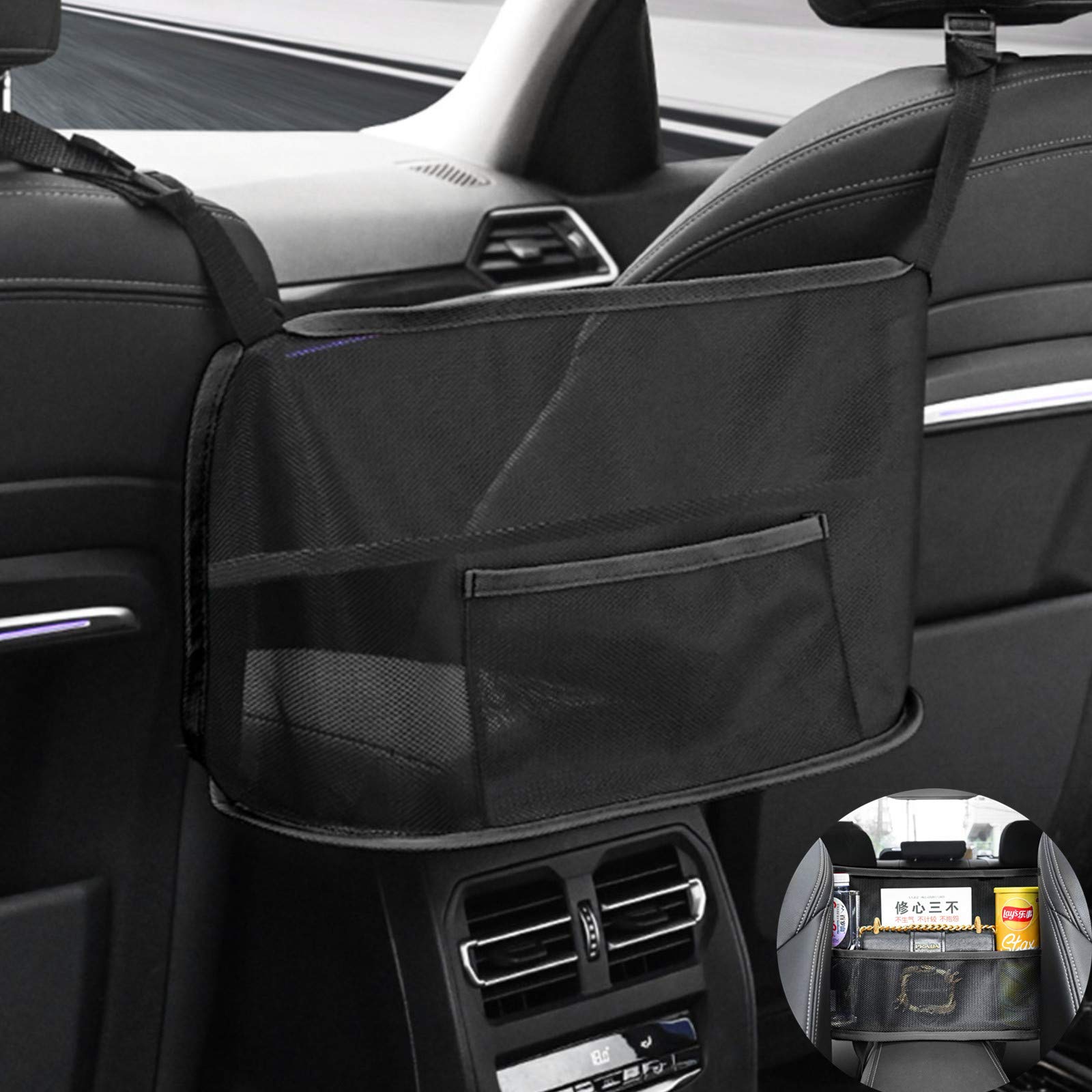 Upgraded Black Car Net Pocket Handbag Holder - Purse Organizer Between Seats for Women, Universal Front Seat Storage Solution with Backseat Barrier for Pets & Kids - Perfect for Road Trips, Commuting and Shopping (2021 Model)