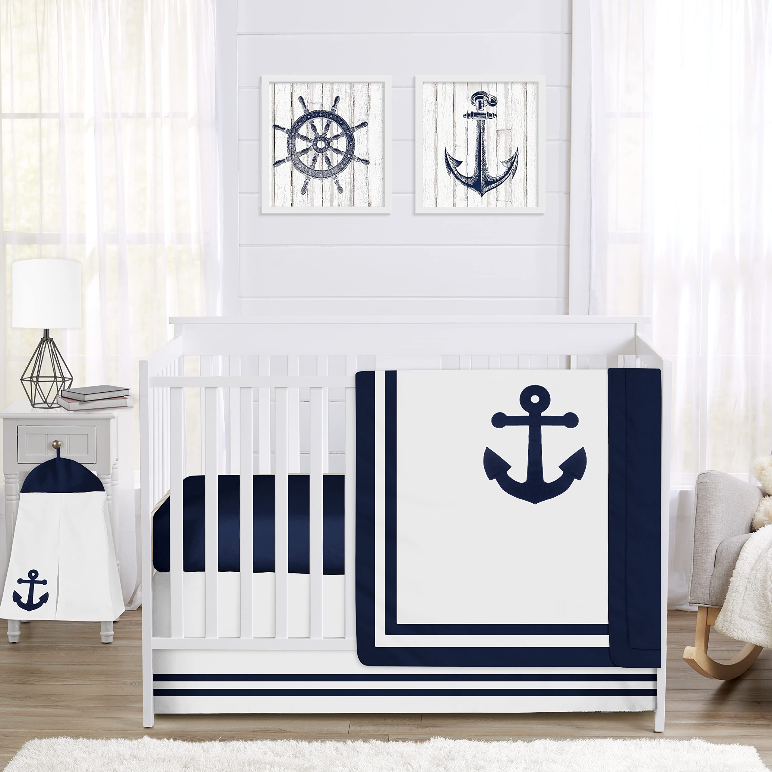 Sweet Jojo Designs Nautical Anchor Baby Crib Bedding Set - 4 Piece Navy Blue & White Gender Neutral Nursery Set for Boys & Girls - Perfect for Coastal Themed Nurseries & Baby Showers