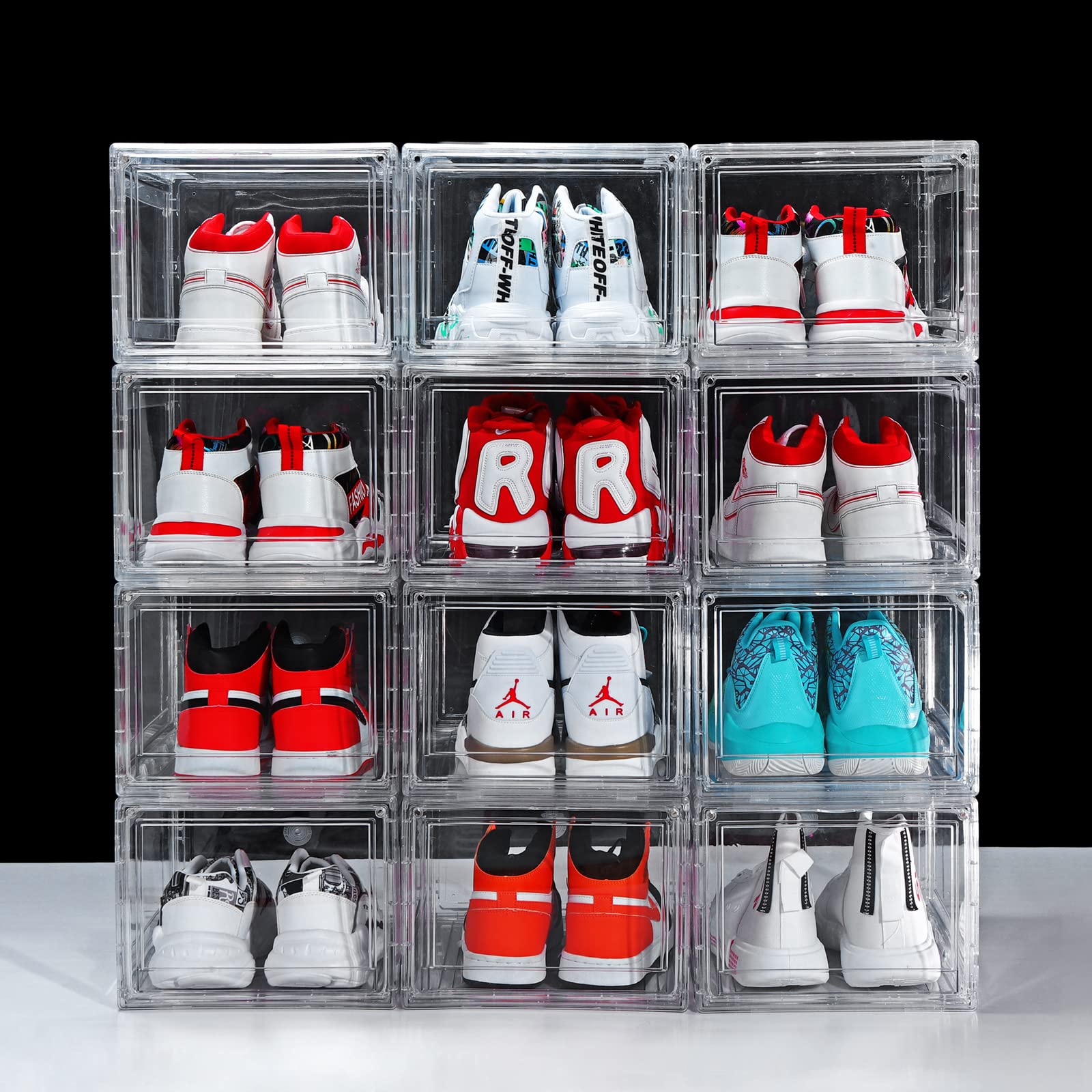 12 Pack Clear Acrylic Plastic Shoe Storage Boxes - Stackable, Foldable Drop Front Design with Lids - Fits Up to Size 15 Shoes - Space Saving Organizer for Closet, Bedroom & Entryway (Transparent)