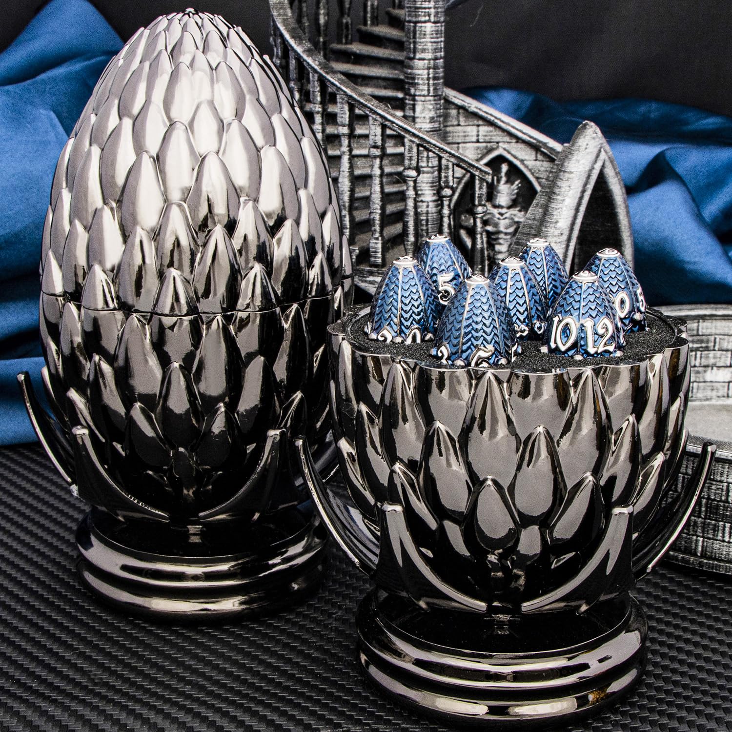 Premium ARUOHHA DND Metal Dice Set - Black & Blue Dragon Egg Design with Rotating Shell for Dungeons & Dragons RPG | Polyhedral Dice (D20, D12, D10, D8, D6, D4) | Perfect for Tabletop Gaming, D&D Campaigns & Fantasy Roleplaying