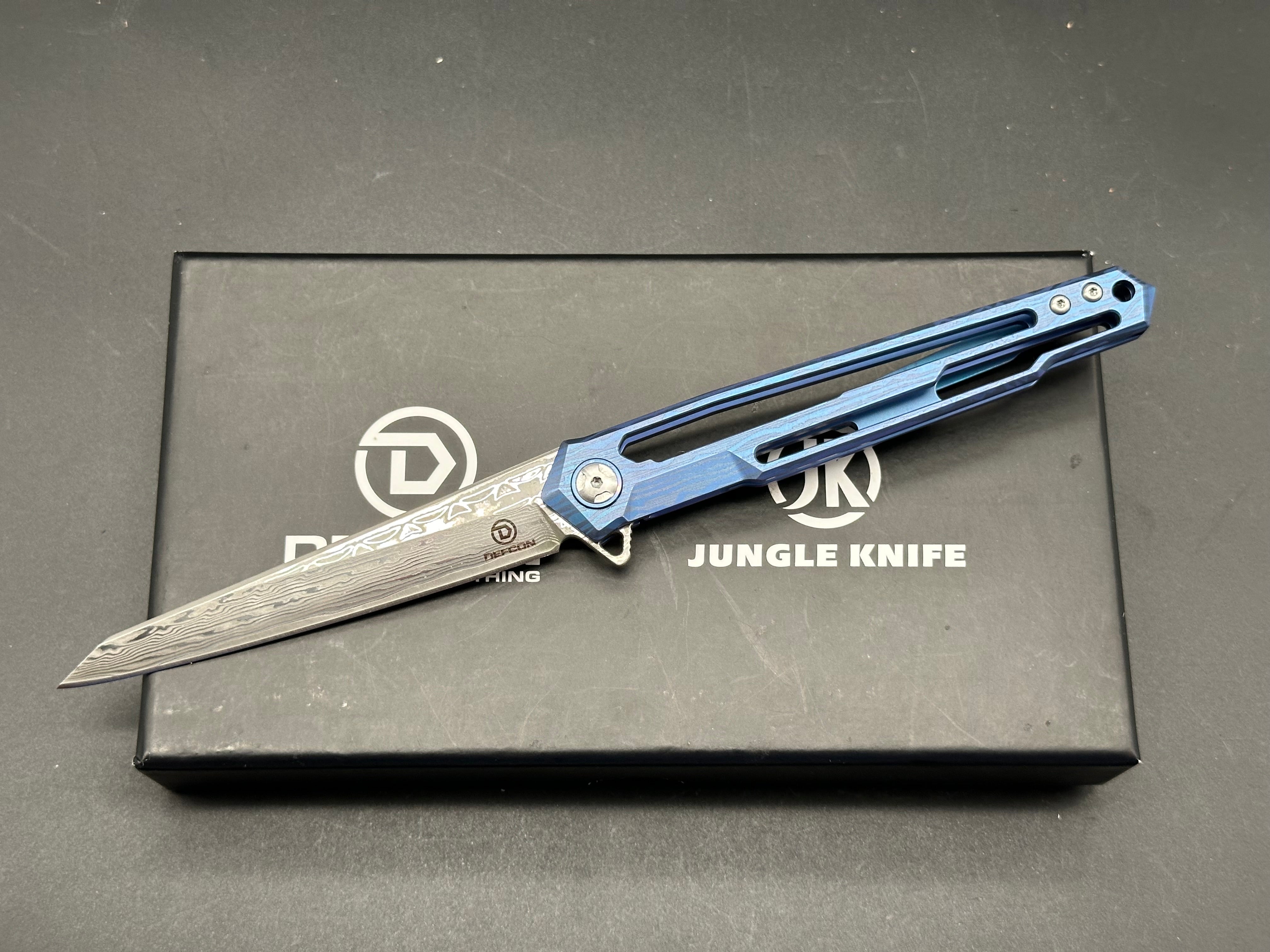 DEFCON Peregrine Framelock Folding Knife - Blue Titanium Handle with Damascus Steel Blade | EDC, Outdoor Survival, Camping & Tactical Use