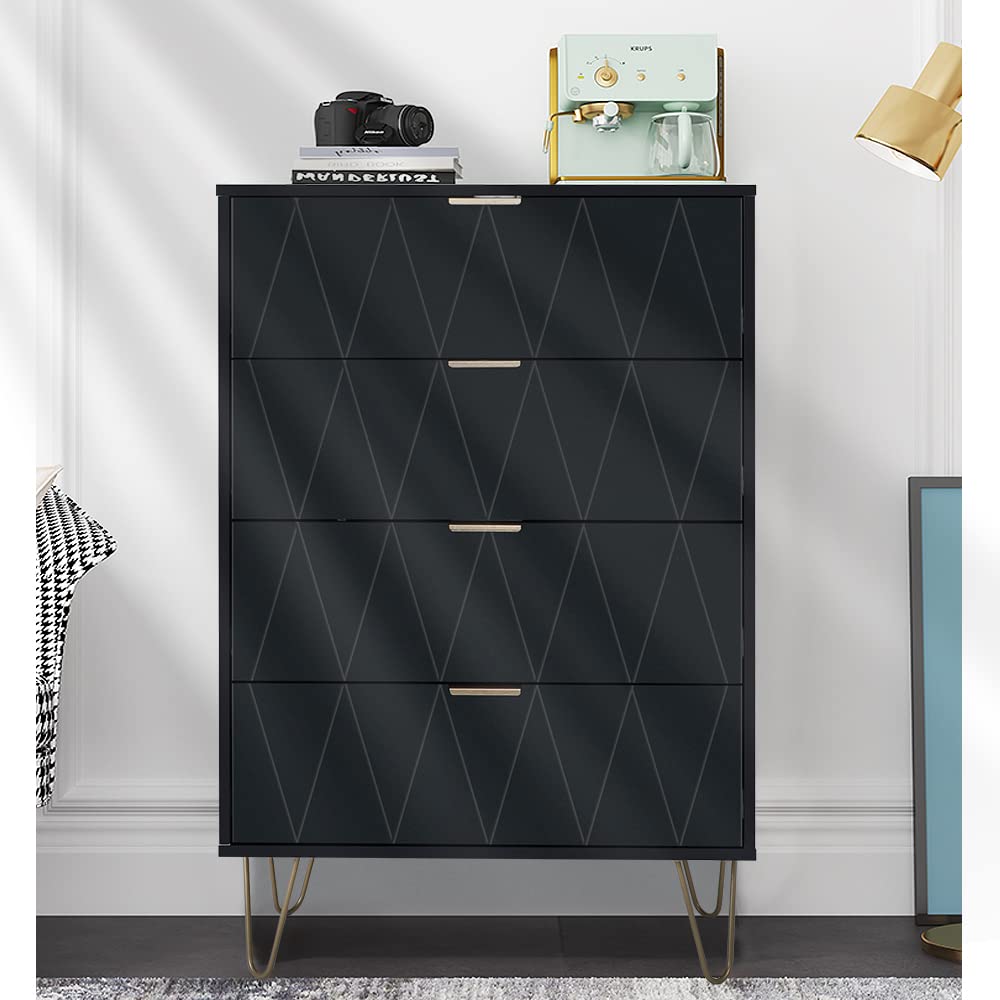 4 Drawer Dresser Organizer - Wooden Storage Cabinet with Drawers, Bedroom Chest of Drawers for Clothes & Accessories - Perfect for Living Room, Bedroom, Hallway & Office Organization (Black)