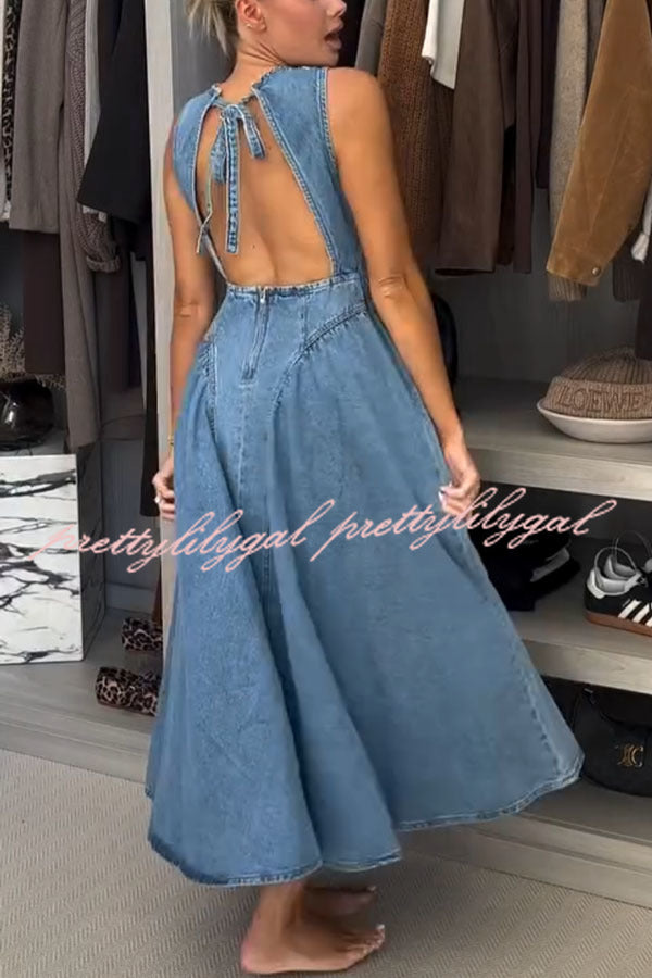 Classic & Stylish Denim Open Back Tie-Up Midi Dress with Stretch Fabric | Perfect for Date Nights, Summer Outings & Casual Chic Looks