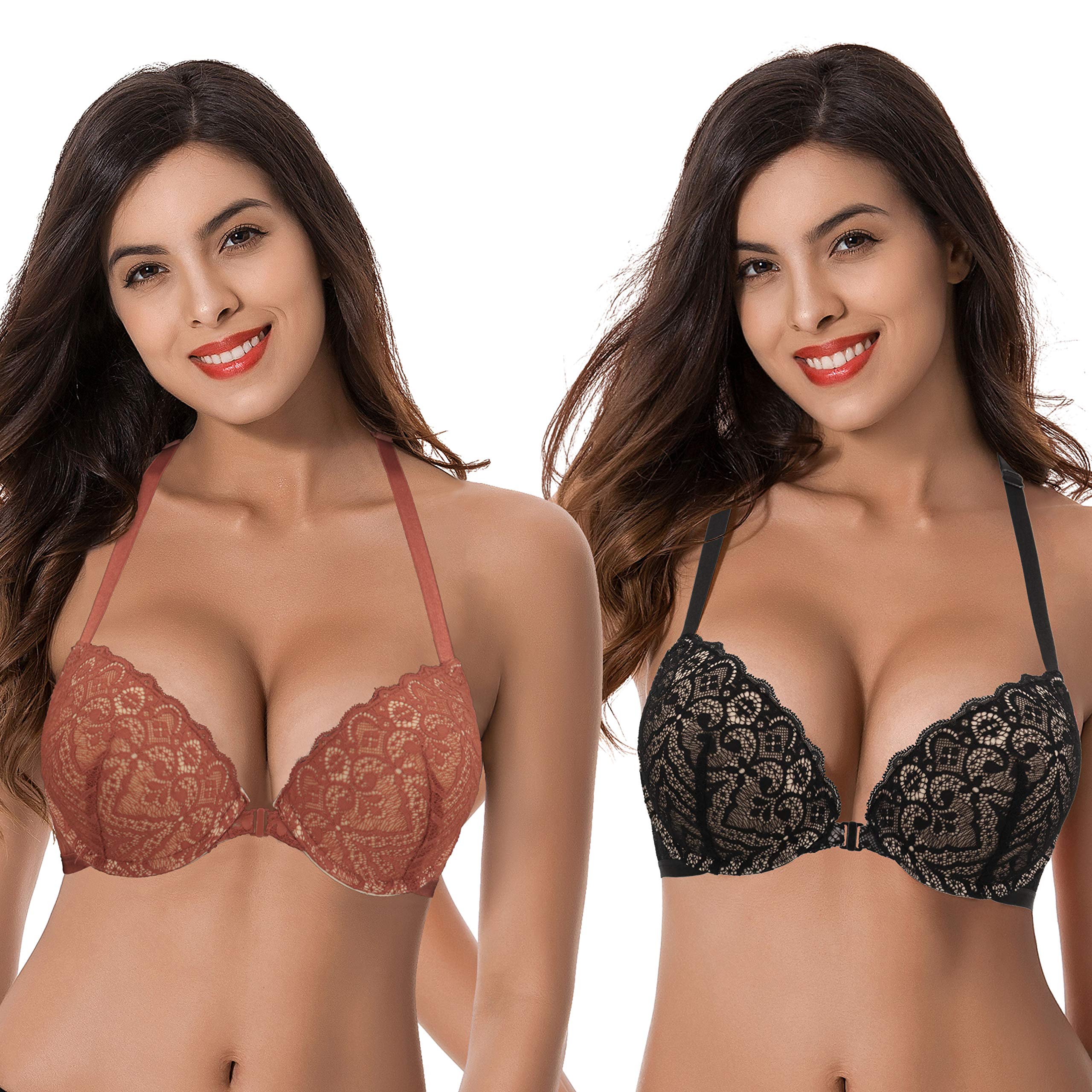 Curve Muse Women's Push Up Bra - Adds 1.5 Cup Sizes, Underwire Halter with Front Closure | Perfect for Everyday Wear, Date Nights & Special Occasions