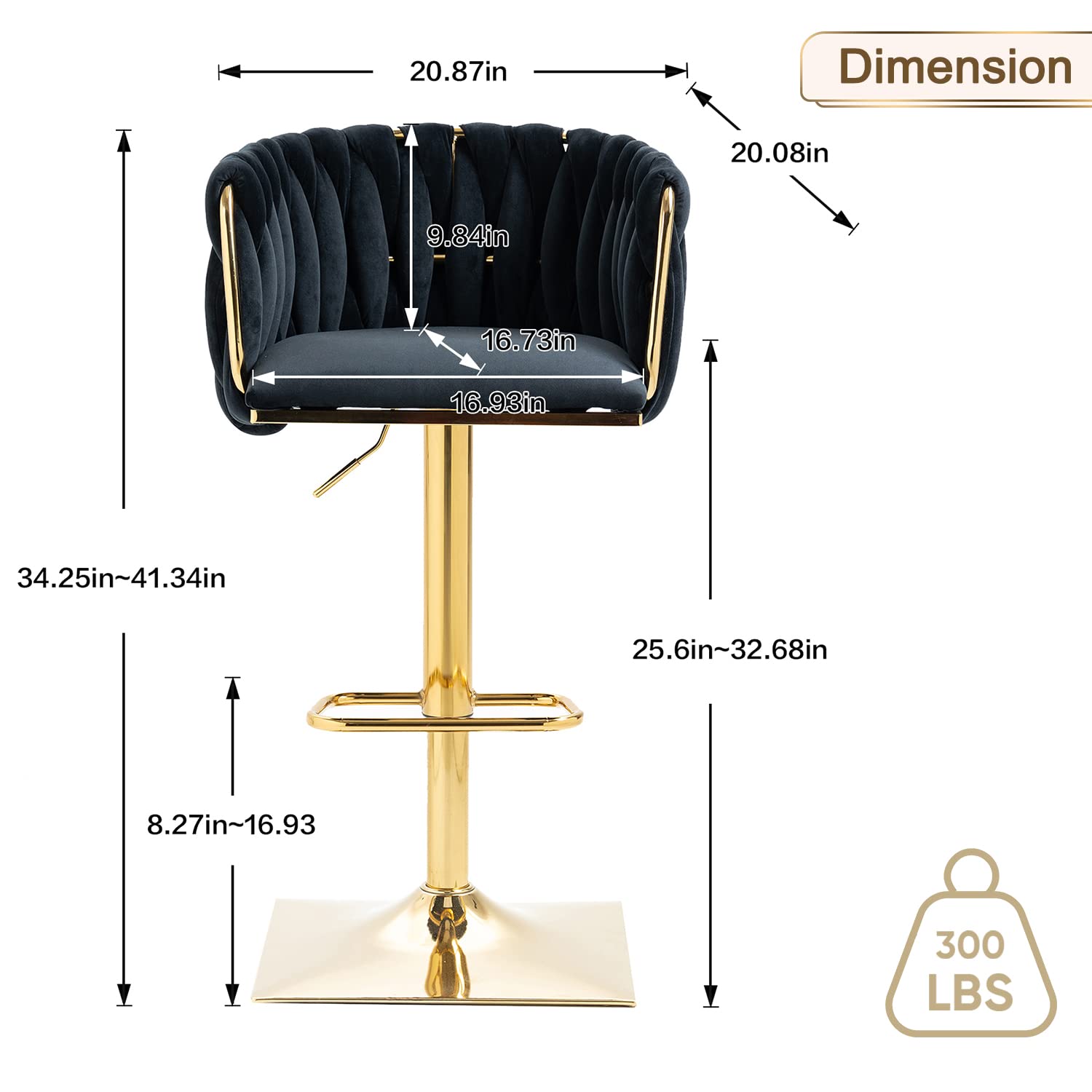 2 Pack Swivel Velvet Bar Stools - Adjustable Height Modern Counter Stools with Woven Back, Upholstered Seating for Kitchen Island, Home Bar, Cafe & Farmhouse Decor - Perfect for Entertaining & Dining (Black)