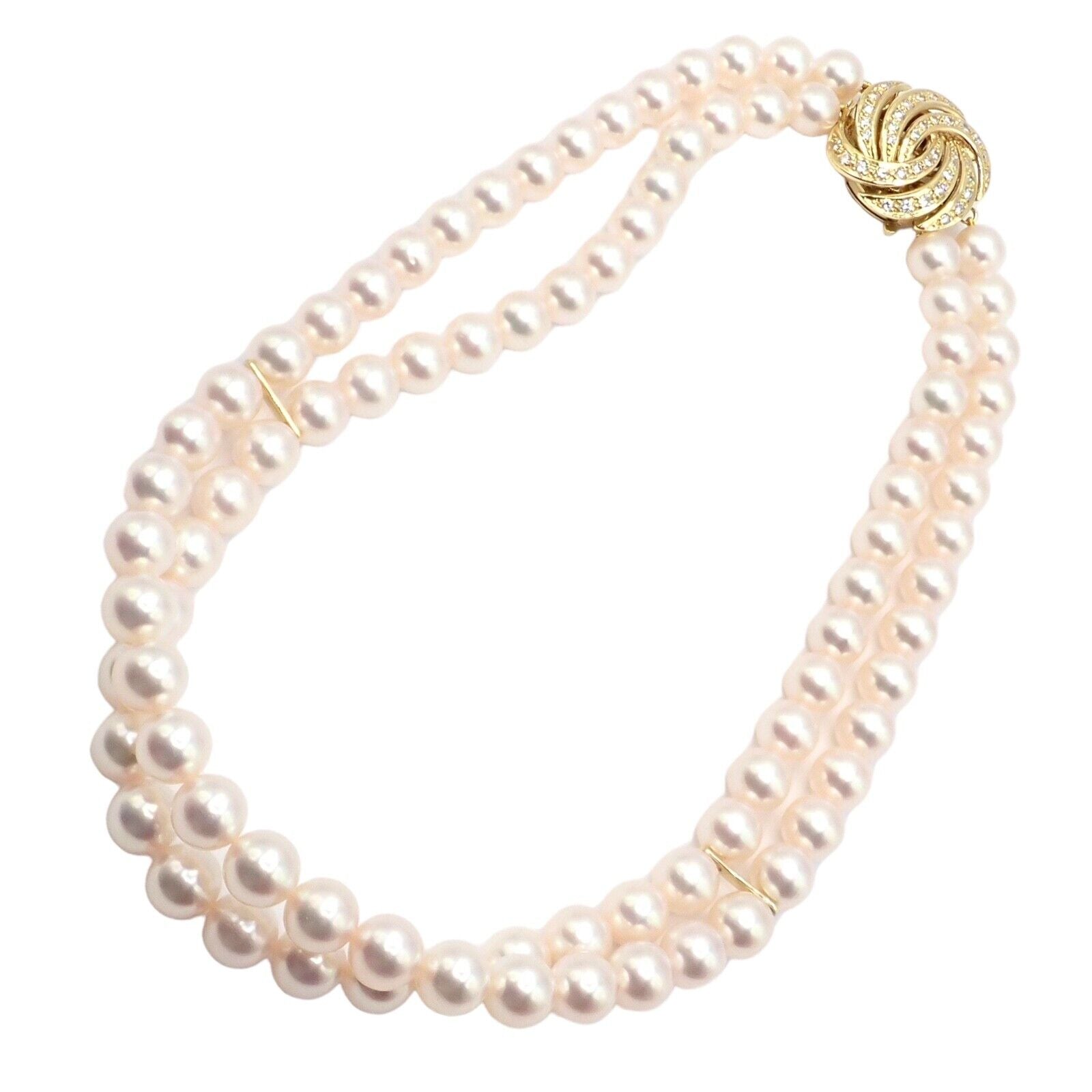 Authentic Mikimoto 18k Yellow Gold Diamond Double Strand 8mm Pearl Necklace - Elegant Jewelry for Weddings, Anniversaries & Special Occasions