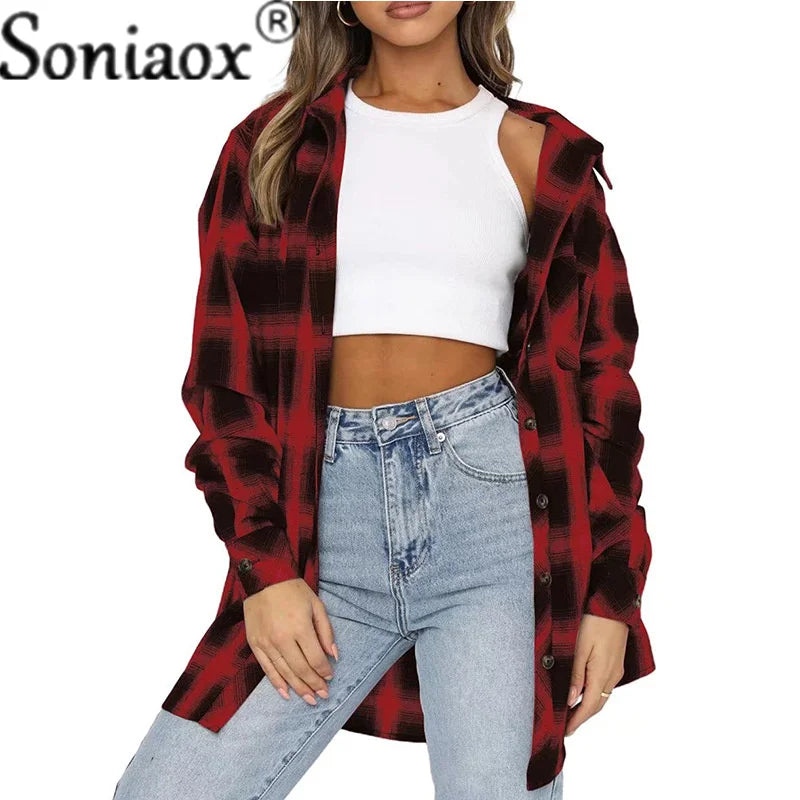 Women's Flannel Plaid Shirt - Soft Loose Fit Long Sleeve Button Down Blouse with Pockets | Casual Fall & Winter Layering Top for Outdoor Activities, Work & Everyday Wear