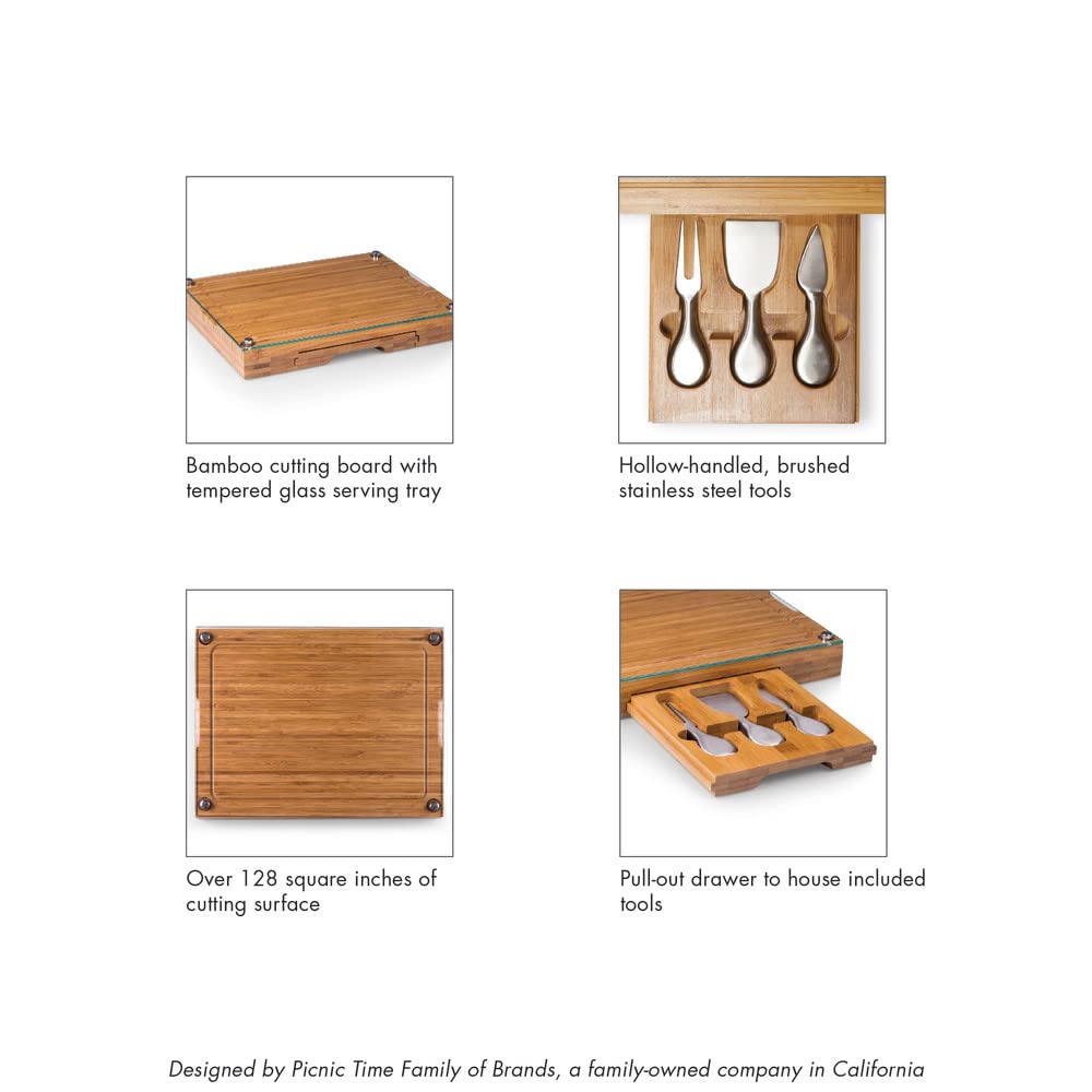 PICNIC TIME NCAA Concerto Glass Top Cheese Board and Knife Set - Bamboo Charcuterie Board with Glass Top Cutting Board for Cheese, Charcuterie, and Appetizers - Perfect for Parties, Picnics, and Entertaining